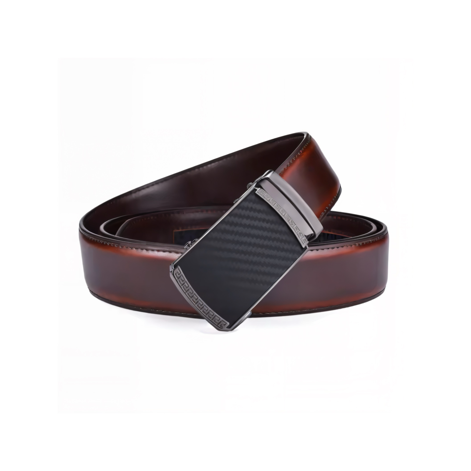 Muški kožni kaiš u burbon boji, prednji prikaz automatske kopče i kožnog kaiša. Kolekcija kaiševa u burbon boji