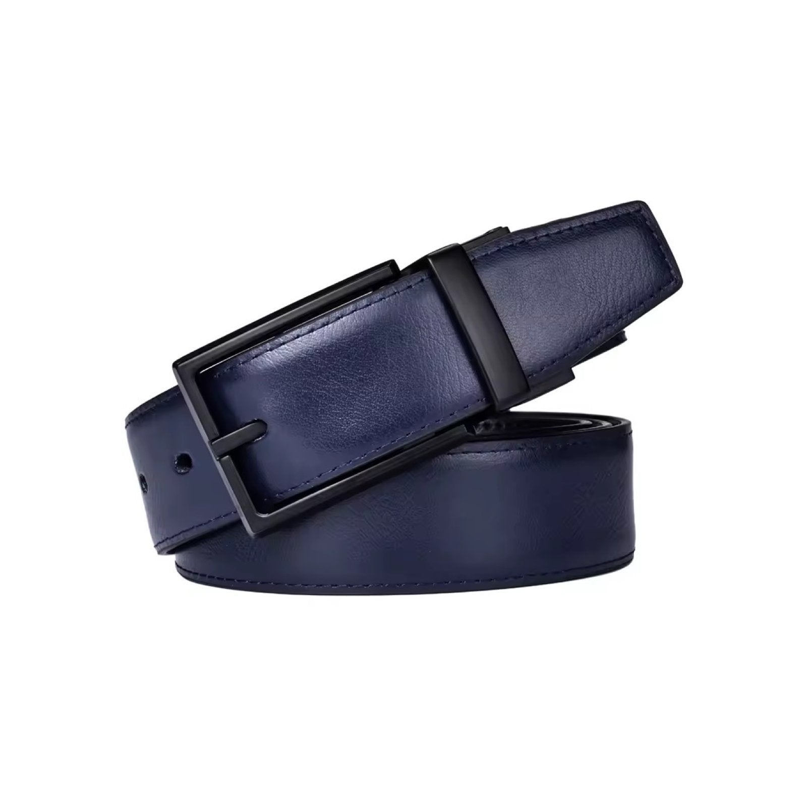 Muški kožni kaiš u plavoj boji, klasična kopča, prednji prikaz kaiša. Kolekcija plavih kožnih kaiševa