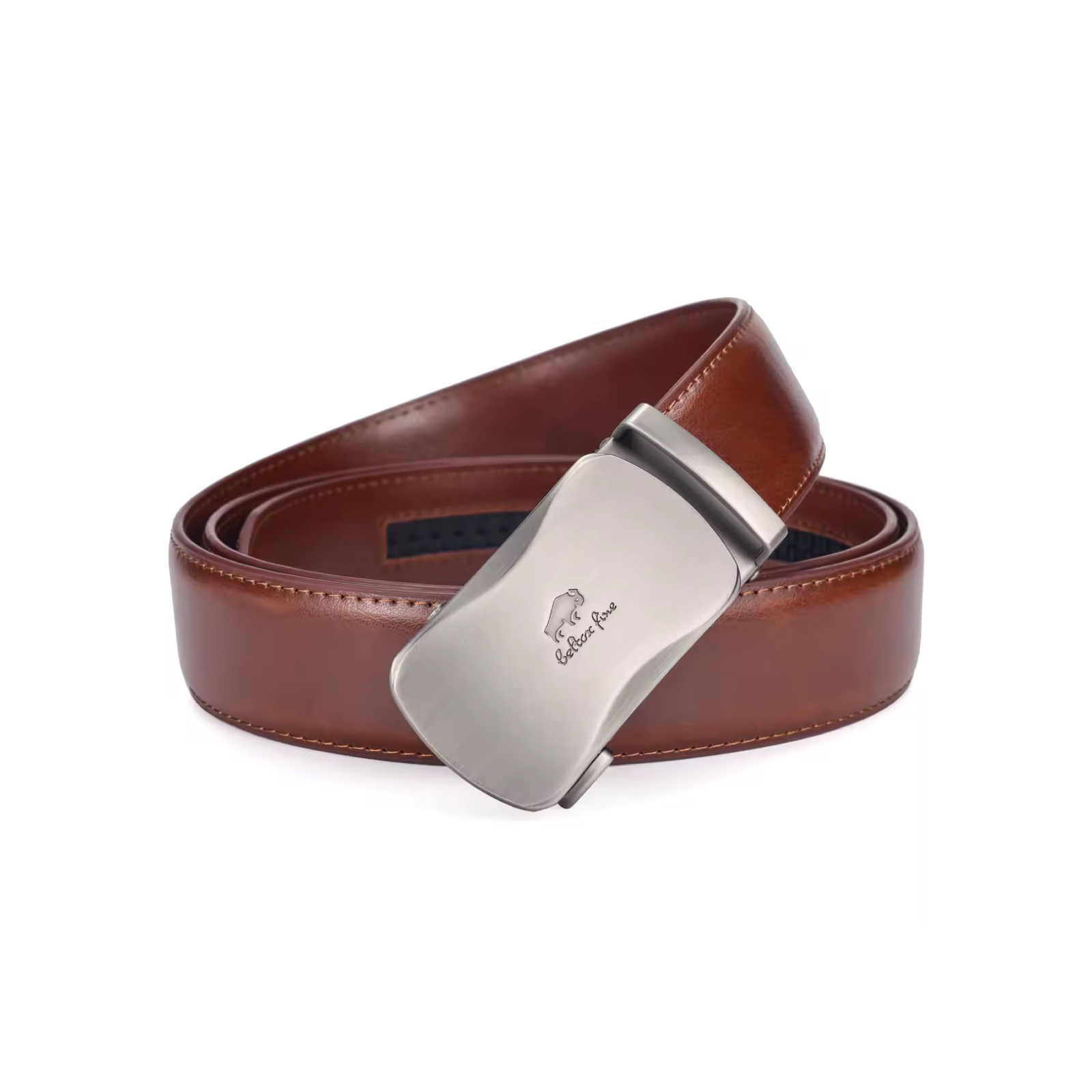 Prednji prikaz muškog kožnog kaiša u braon boji - čelična automatska kopča. Kolekcija kaiševa braon boje