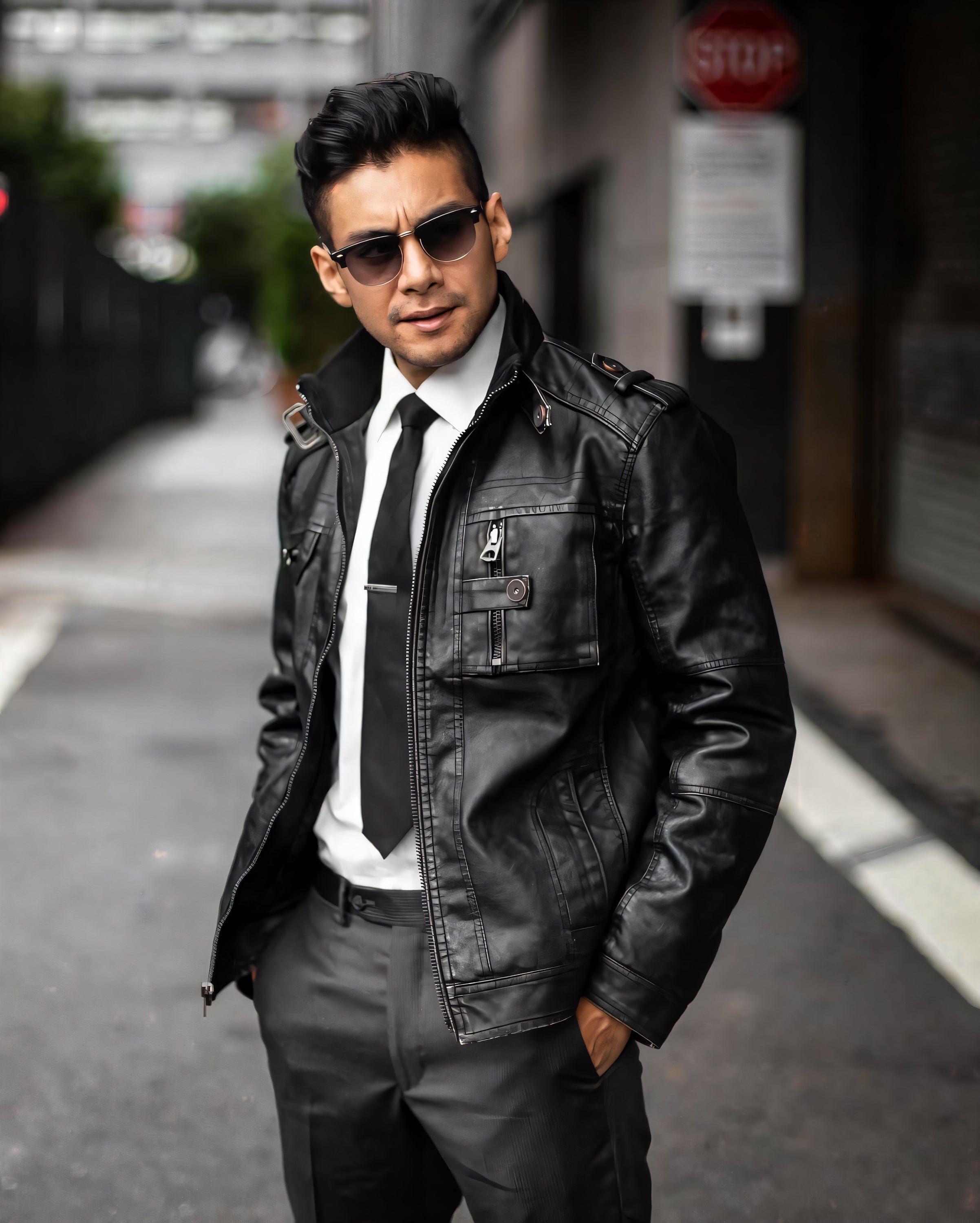 Muskrac nosi musku koznu letnju jaknu u crnoj boji i prikazuje otkopcanu prednju bocnu stranu jakne. Najbolja cena i prodaja u Srbiji. Model 1