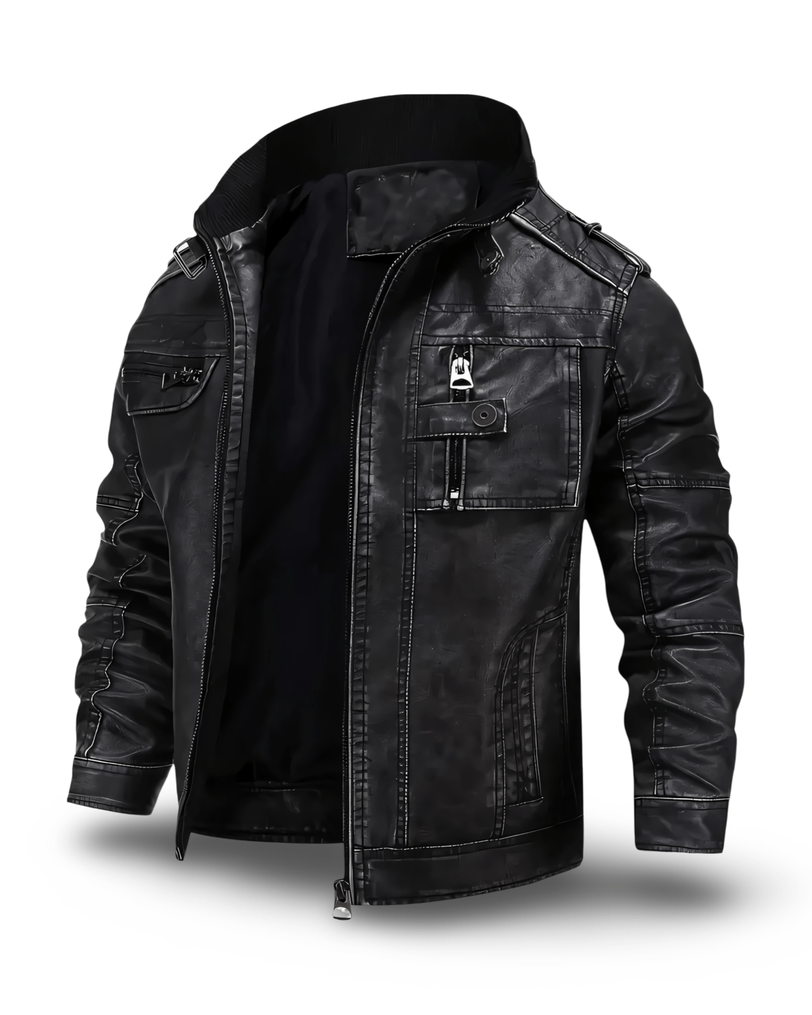 Prikaz prednje bocne strane muske kozne lenje jakne u crnoj boji. Najbolja prodaja i cena u Srbiji Model 1