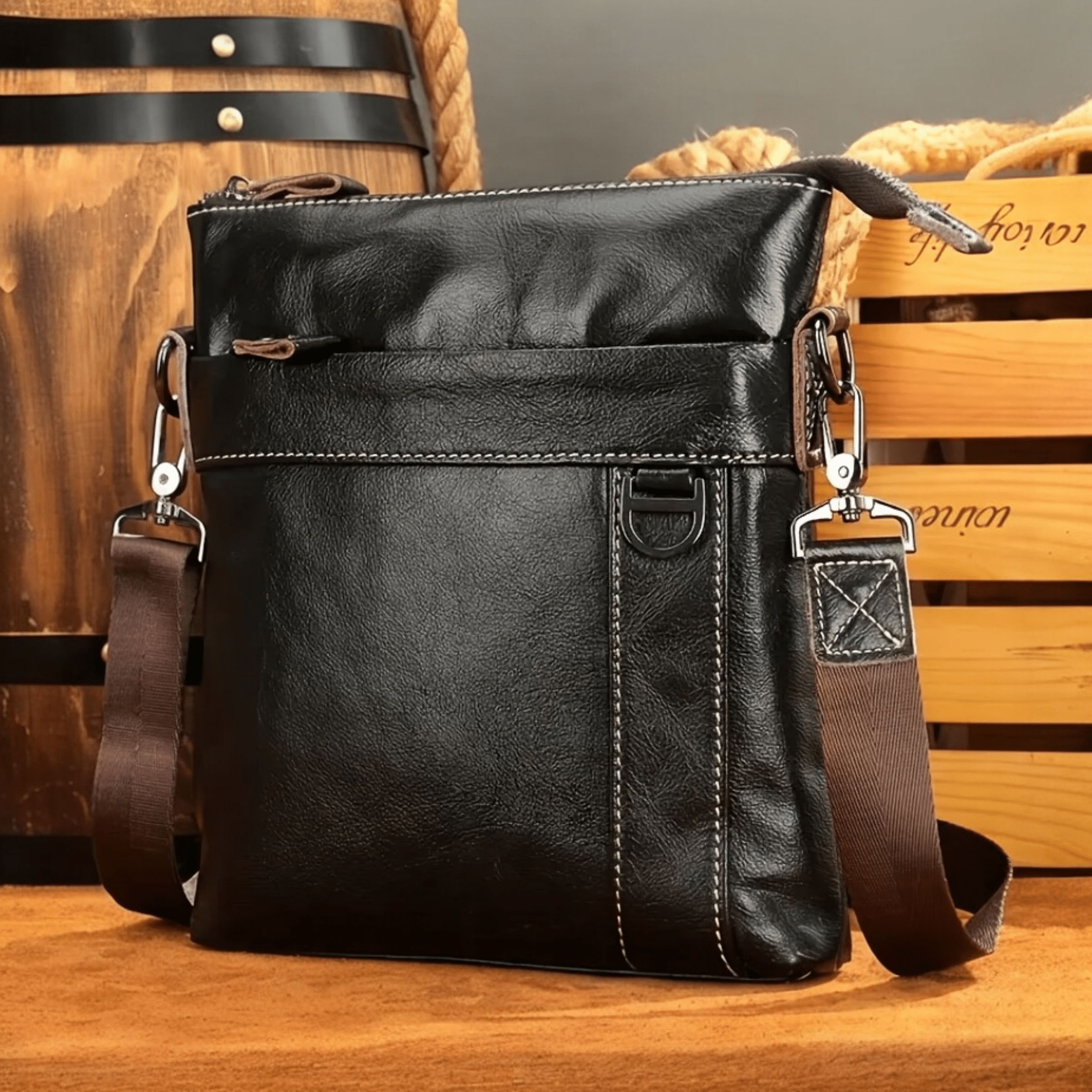 Muska kozna torba Vertigo - Crna Boja - Prikaz prednje bocne strane