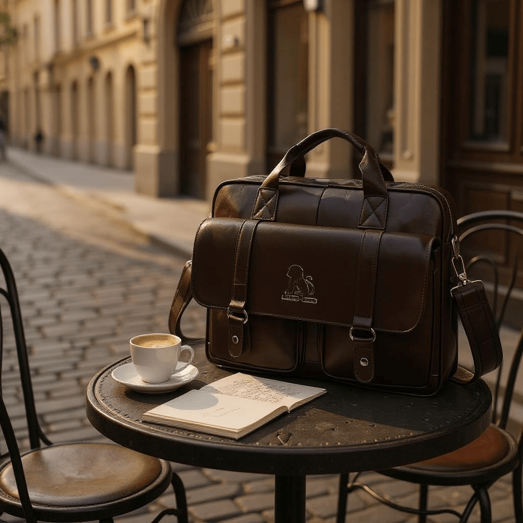 Muška kožna torba za laptop VARDEN – tamno braon, pogled spreda