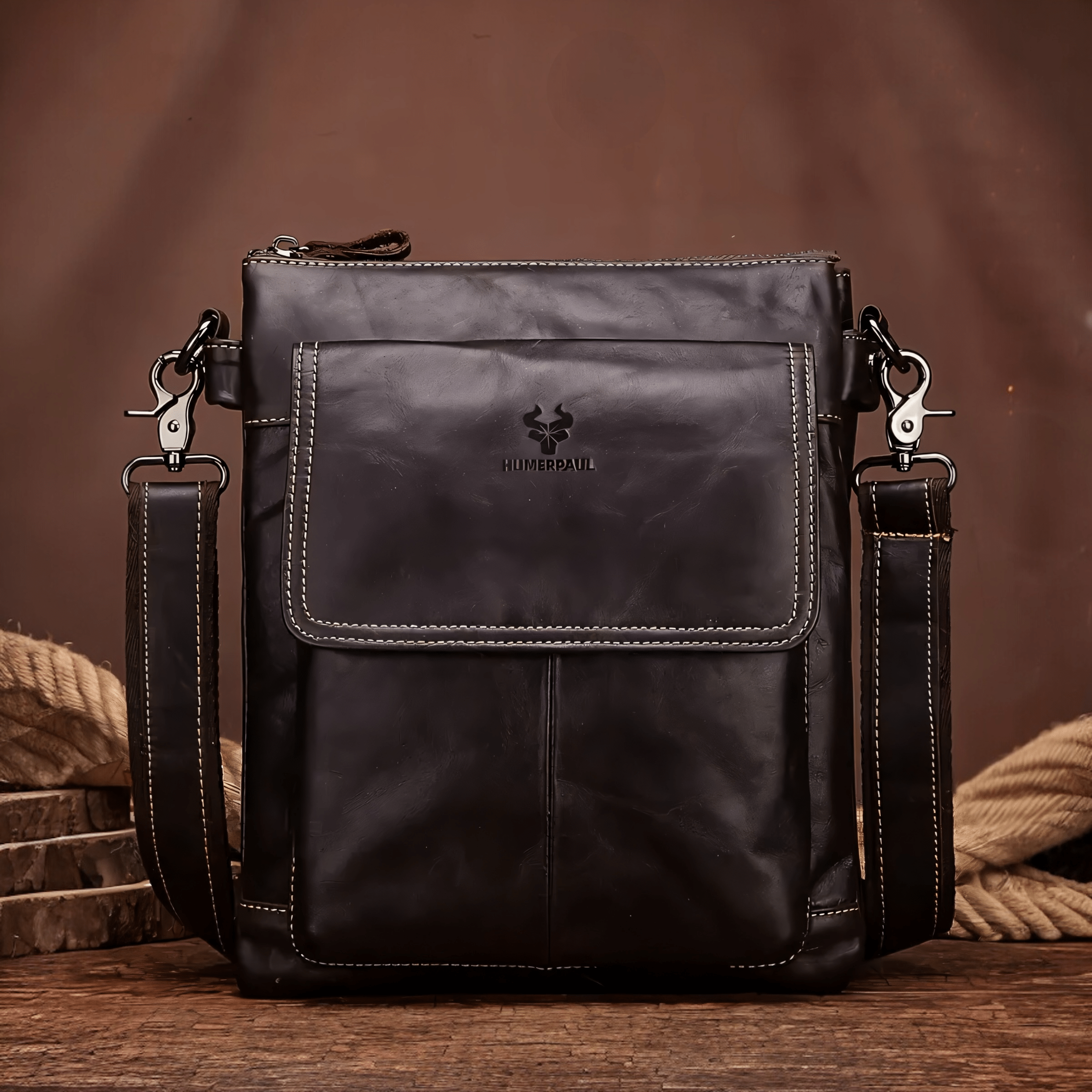 Muska kožna torba Humerpaul Line - Tamna Braon Boja - Prikaz prednje strane