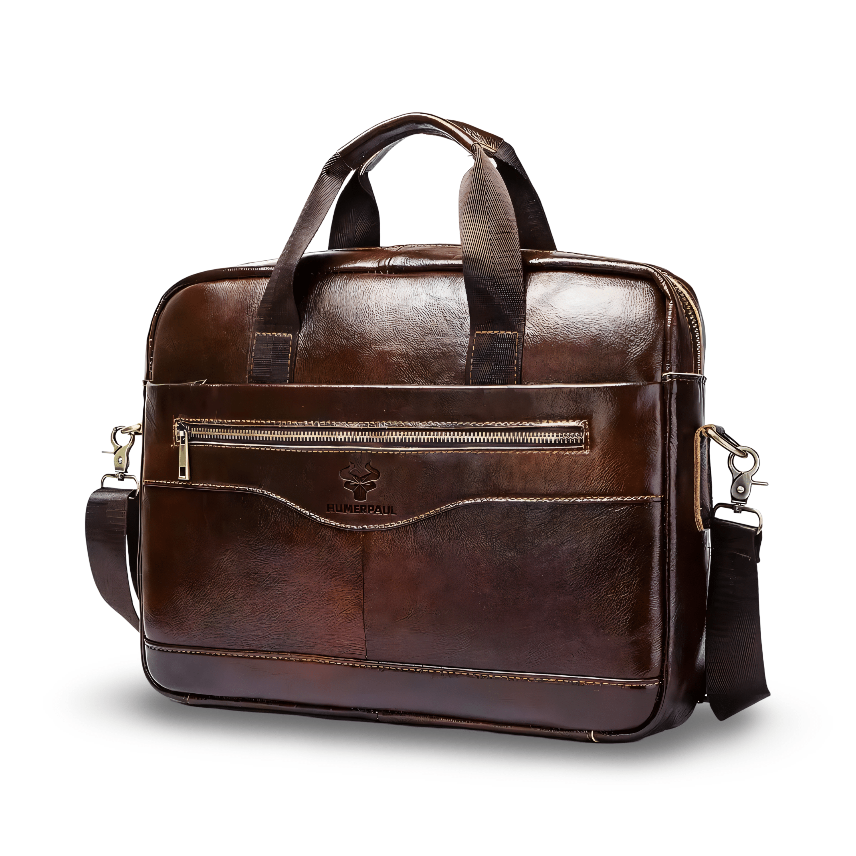 Prikaz bocne prednje strane muske kozne torbe za Laptop od 15 inch Humerpaul u tamno braon boji. Najbolja cena i prodaja u Srbiji