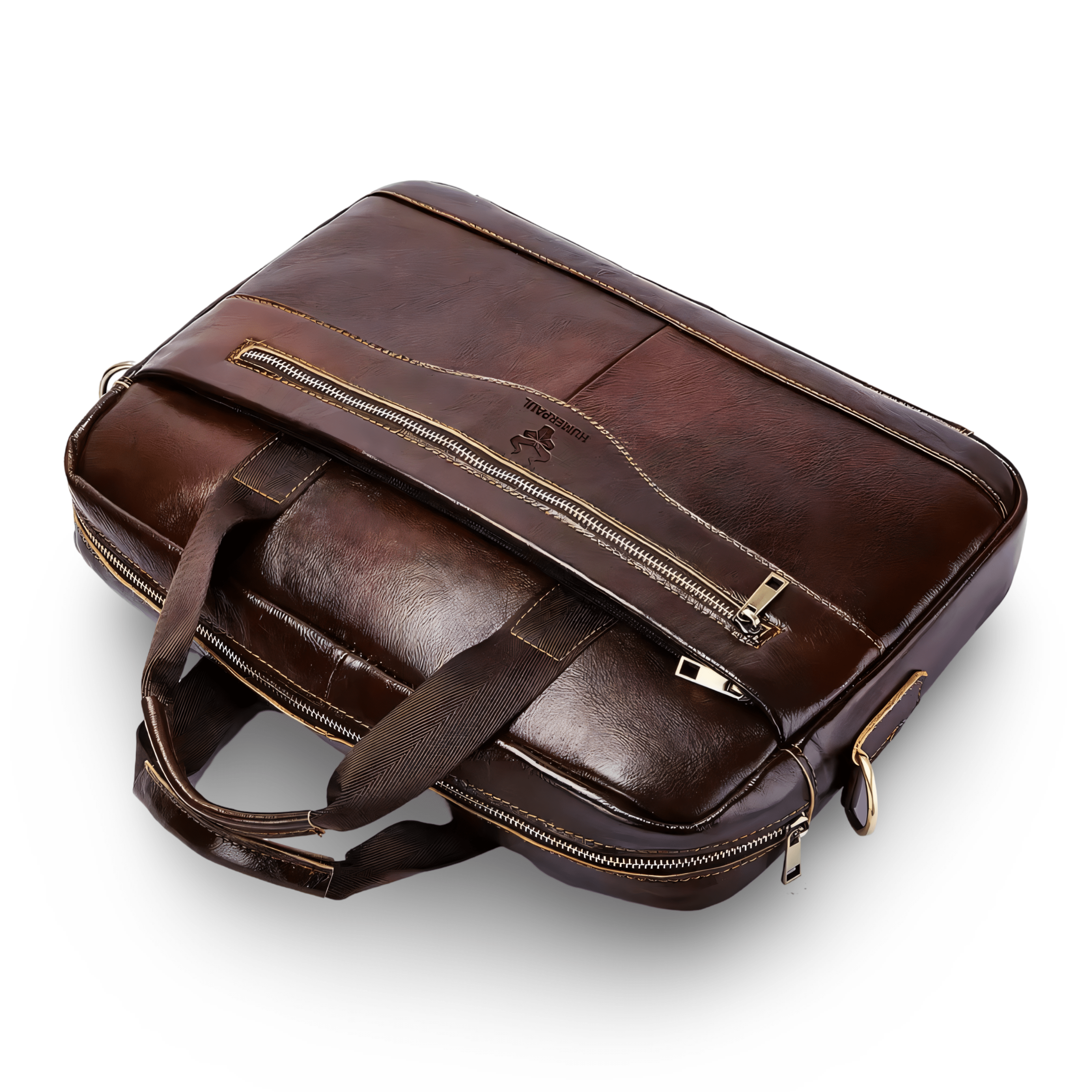 Prikaz izbliza prednje strane muske kozne torbe za Laptop od 15 inch Humerpaul u tamno braon boji. Najbolja cena i prodaja u Srbiji