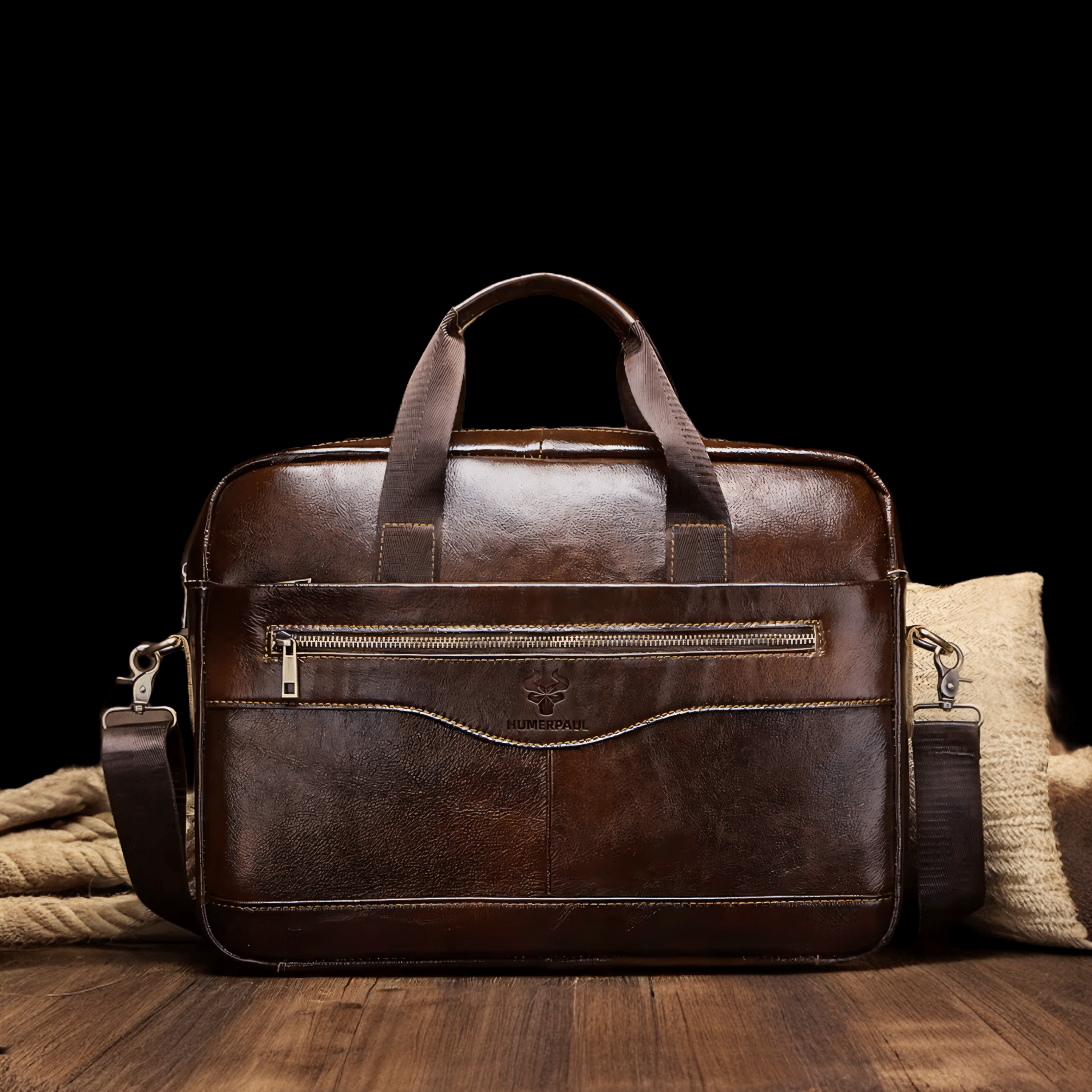 Prikaz prednje strane muske kozne torbe za Laptop od 15 inch Humerpaul u tamno braon boji. Najbolja cena i prodaja u Srbiji