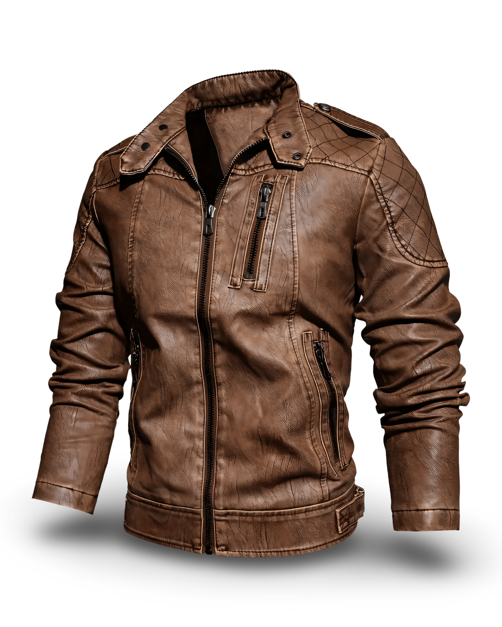 Prikaz bocne prednje strane muske kozne lenje jakne u braon boji. Najbolja prodaja i cena u Srbiji Model 2