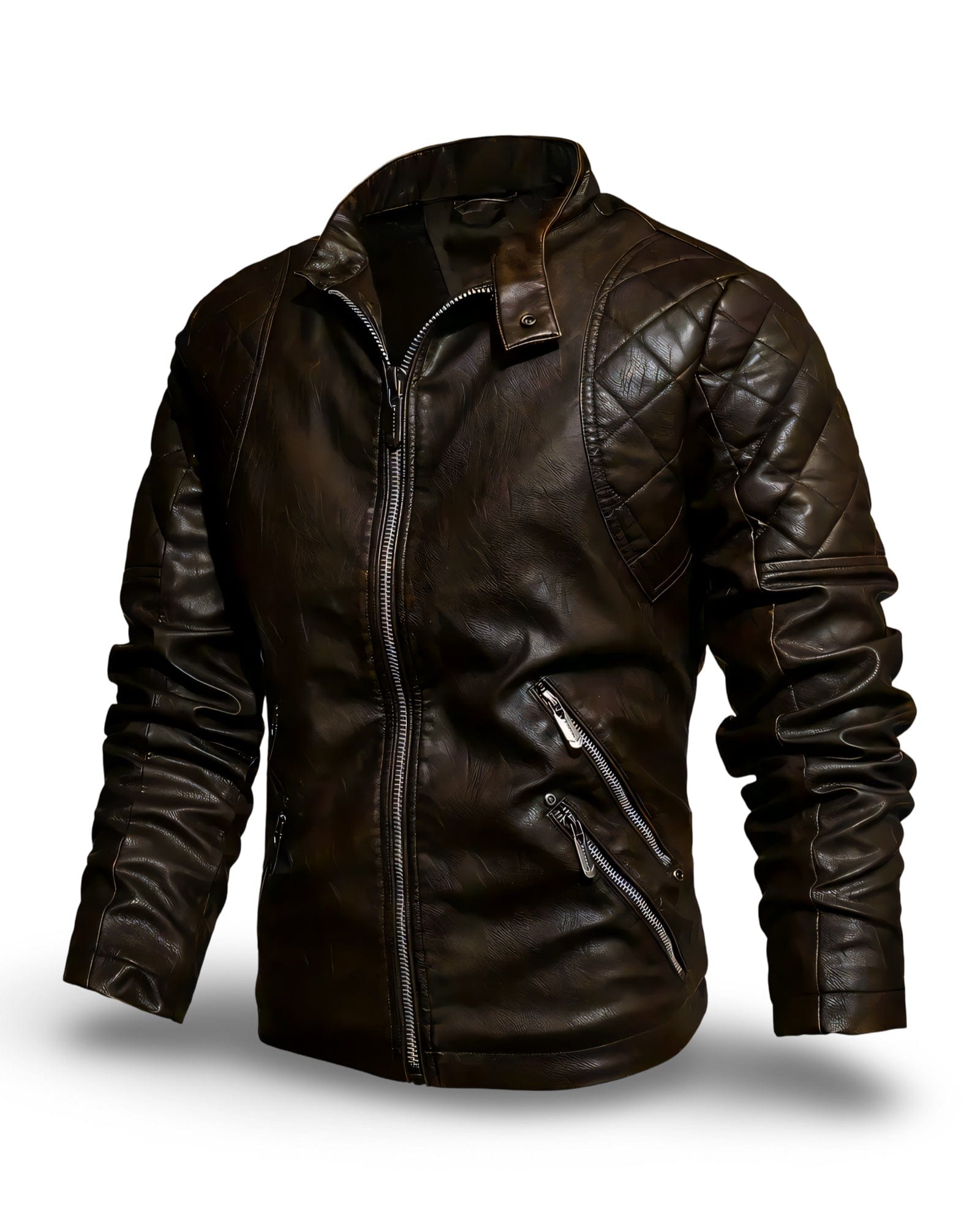 Prikaz bocne prednje strane muske kozne letnje jakne u tamno braon burbon boji. Najbolja prodaja i cena u Srbiji Model 3