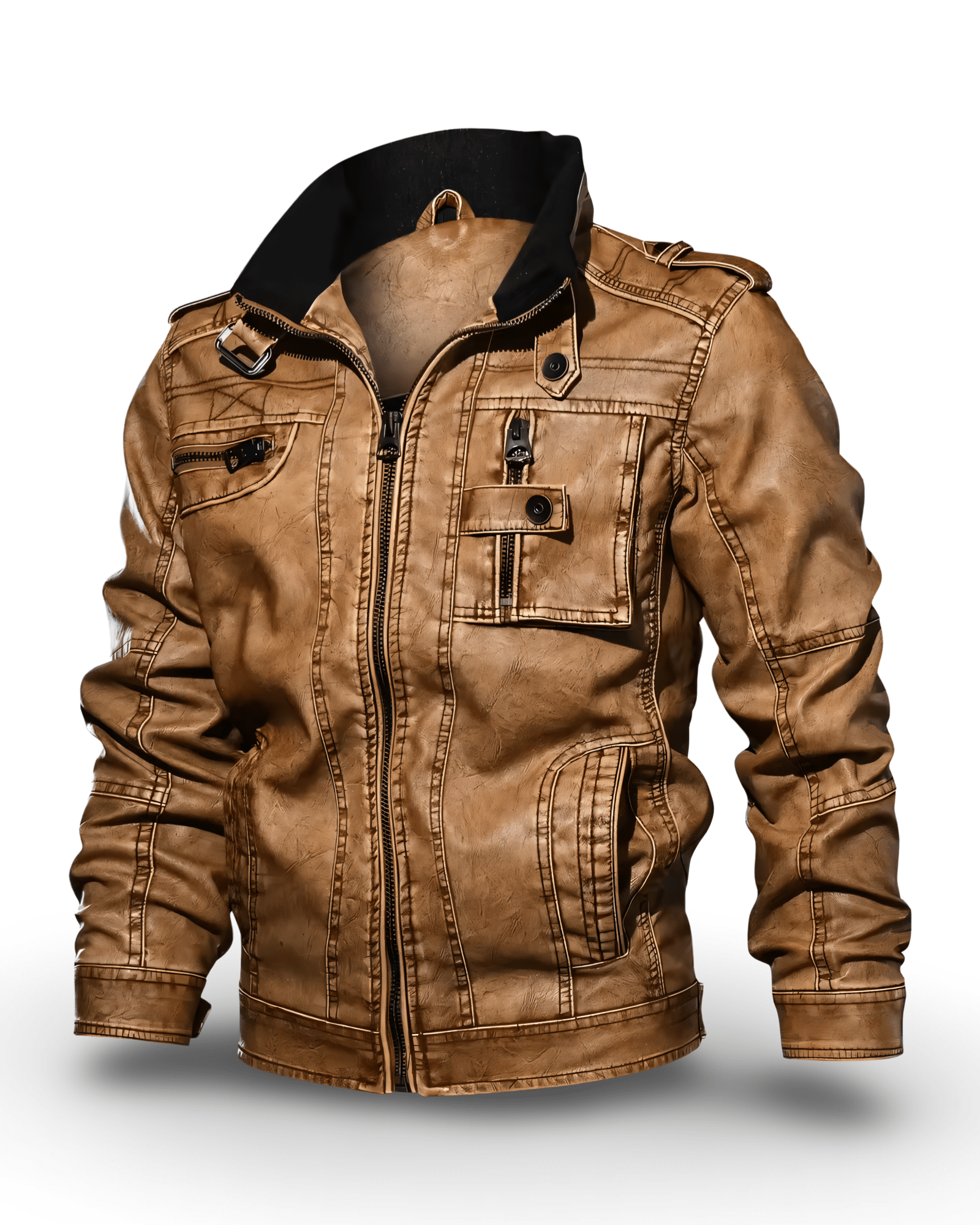 Prikaz bocne prednje strane muske kozne lenje jakne u svetlo braon boji. Najbolja prodaja i cena u Srbiji Model 1