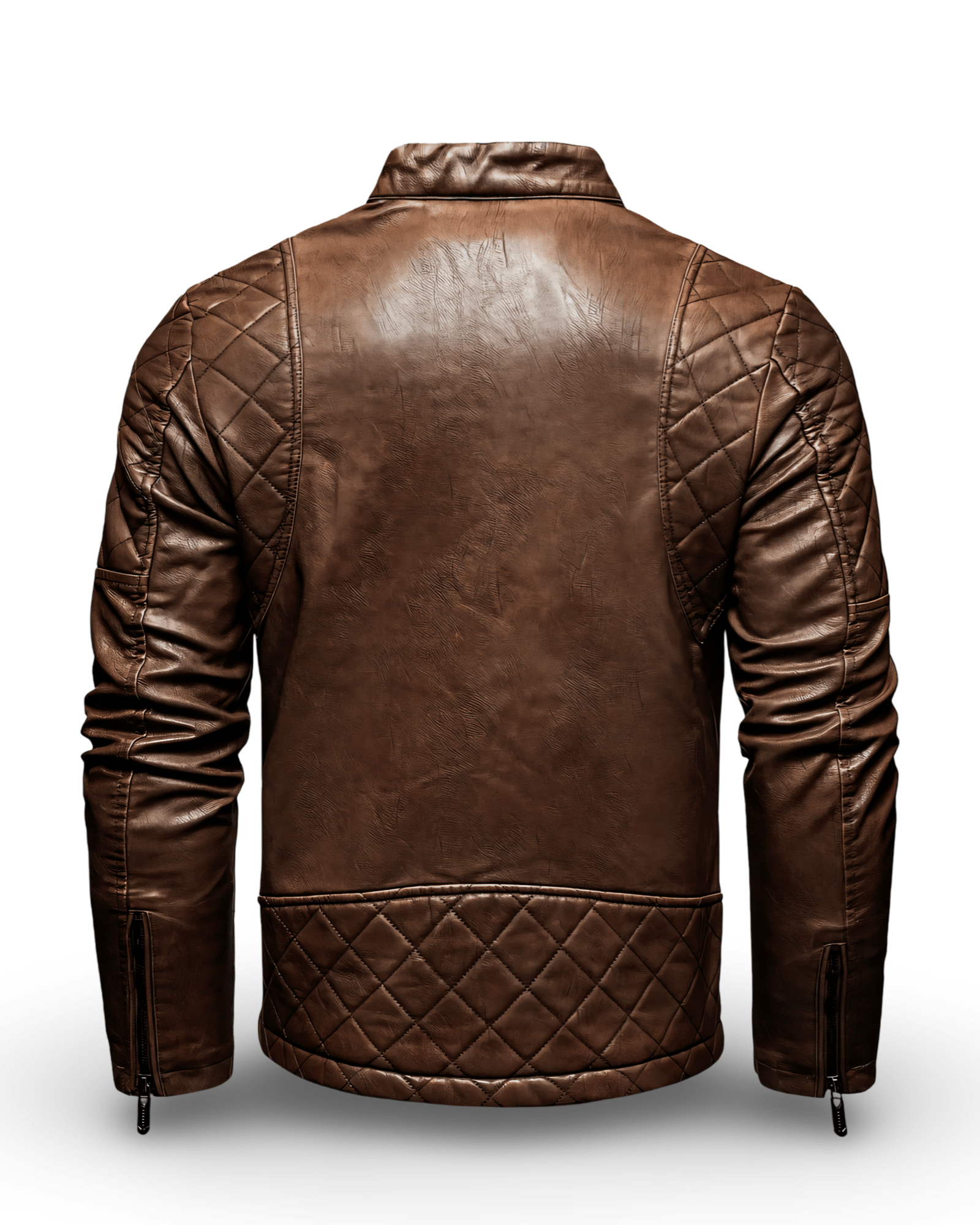 Prikaz zadnje strane muske kozne letnje jakne u braon boji. Najbolja prodaja i cena u Srbiji Model 3