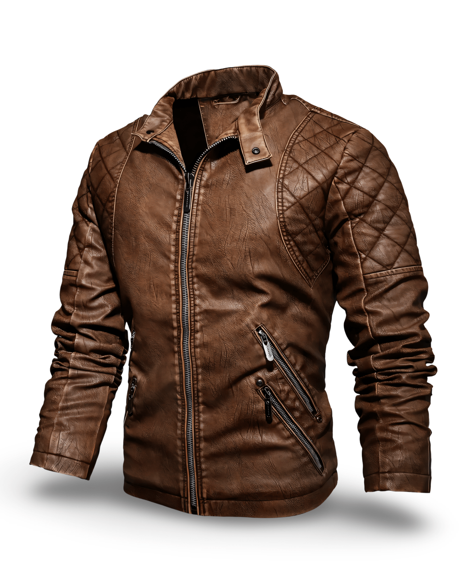 Prikaz bocne prednje strane muske kozne jakne u braon boji. Najbolja prodaja i cena u Srbiji Model 3