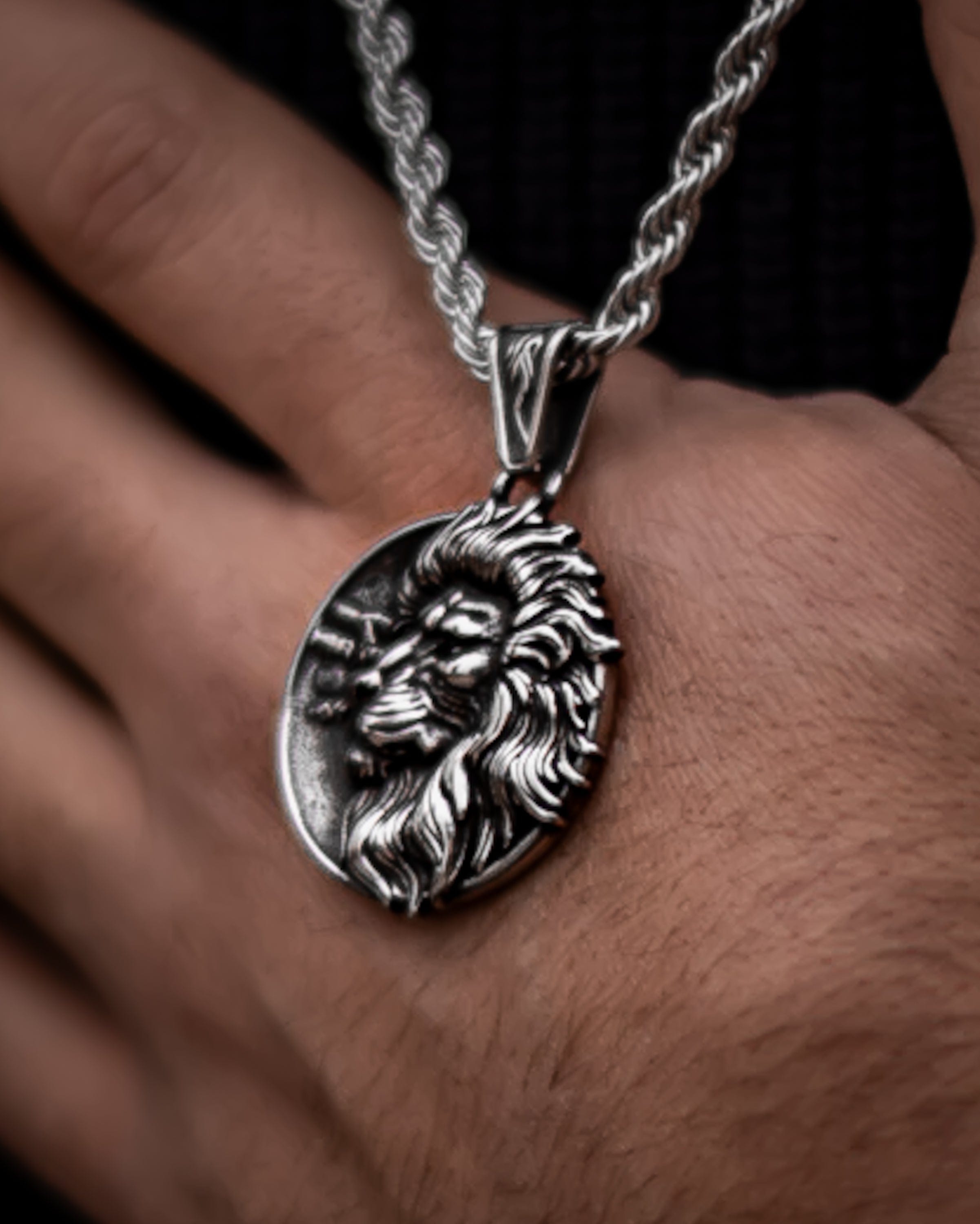 Muskarac drzi u ruci privezak muske ogrlice Iron Lion, Privezak i lanac HIRUSKI CELIK, srebrna boja, Najbolja cena i prodaja u Srbiji, model 9