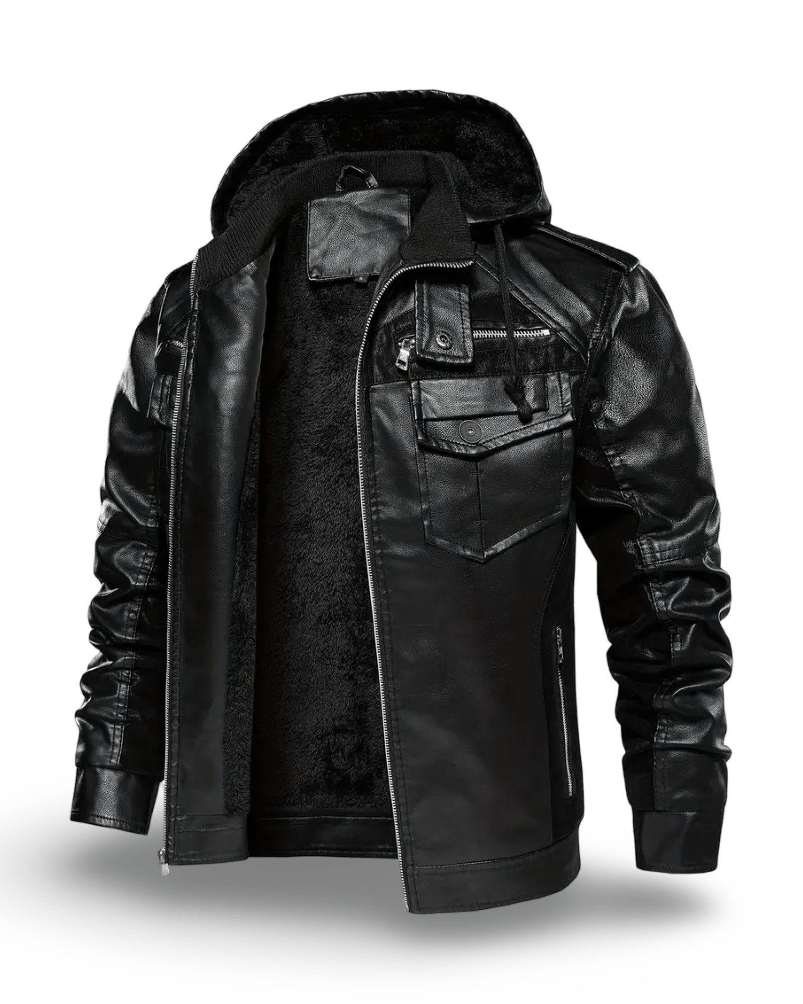 Prikaz bocne prednje strane muske kozne zimske jakne sa postavom u crnoj boji. Najbolja prodaja i cena u Srbiji Model 4