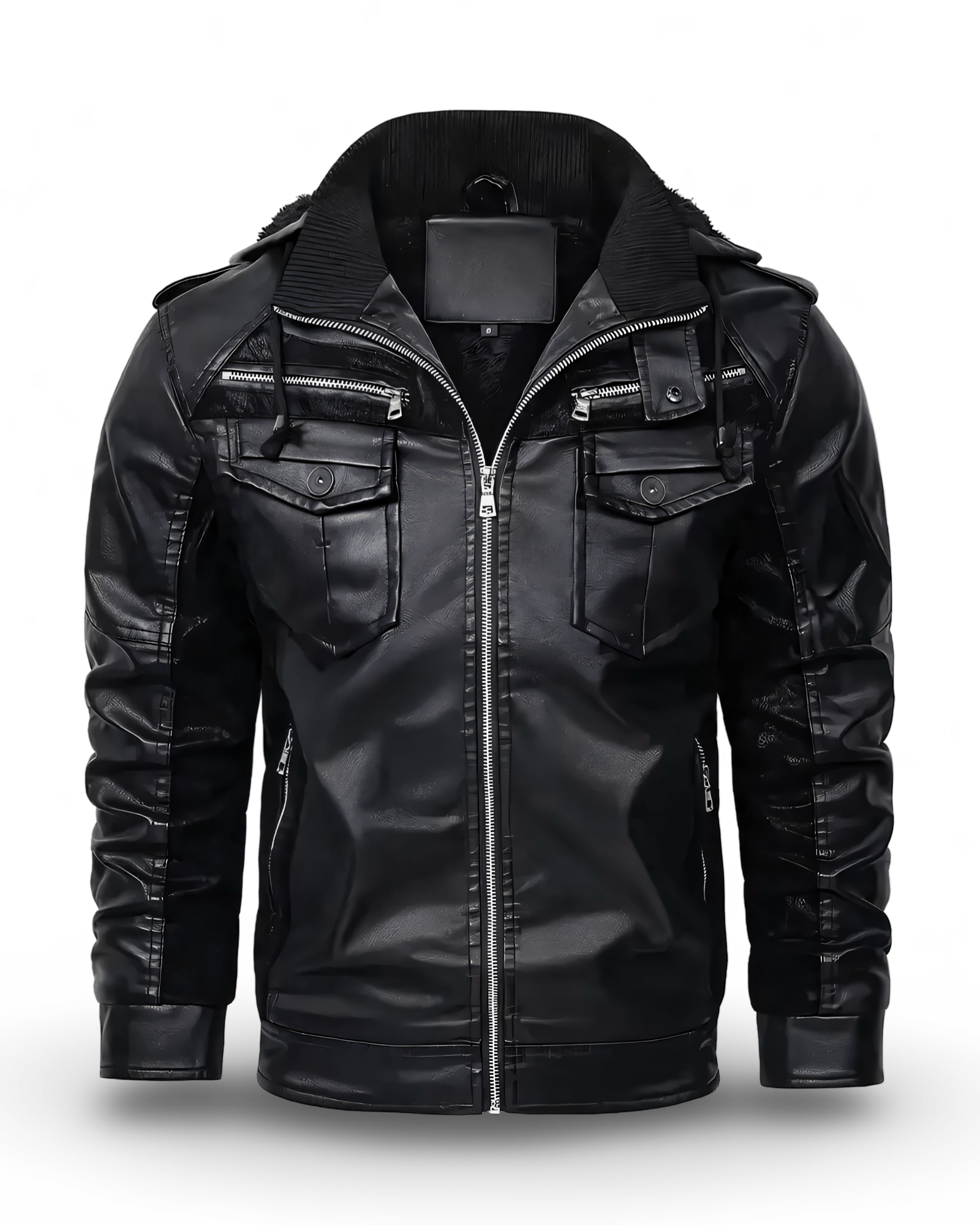 Prikaz prednje strane muske kozne zimske jakne sa postavom u crnoj boji. Najbolja prodaja i cena u Srbiji Model 4