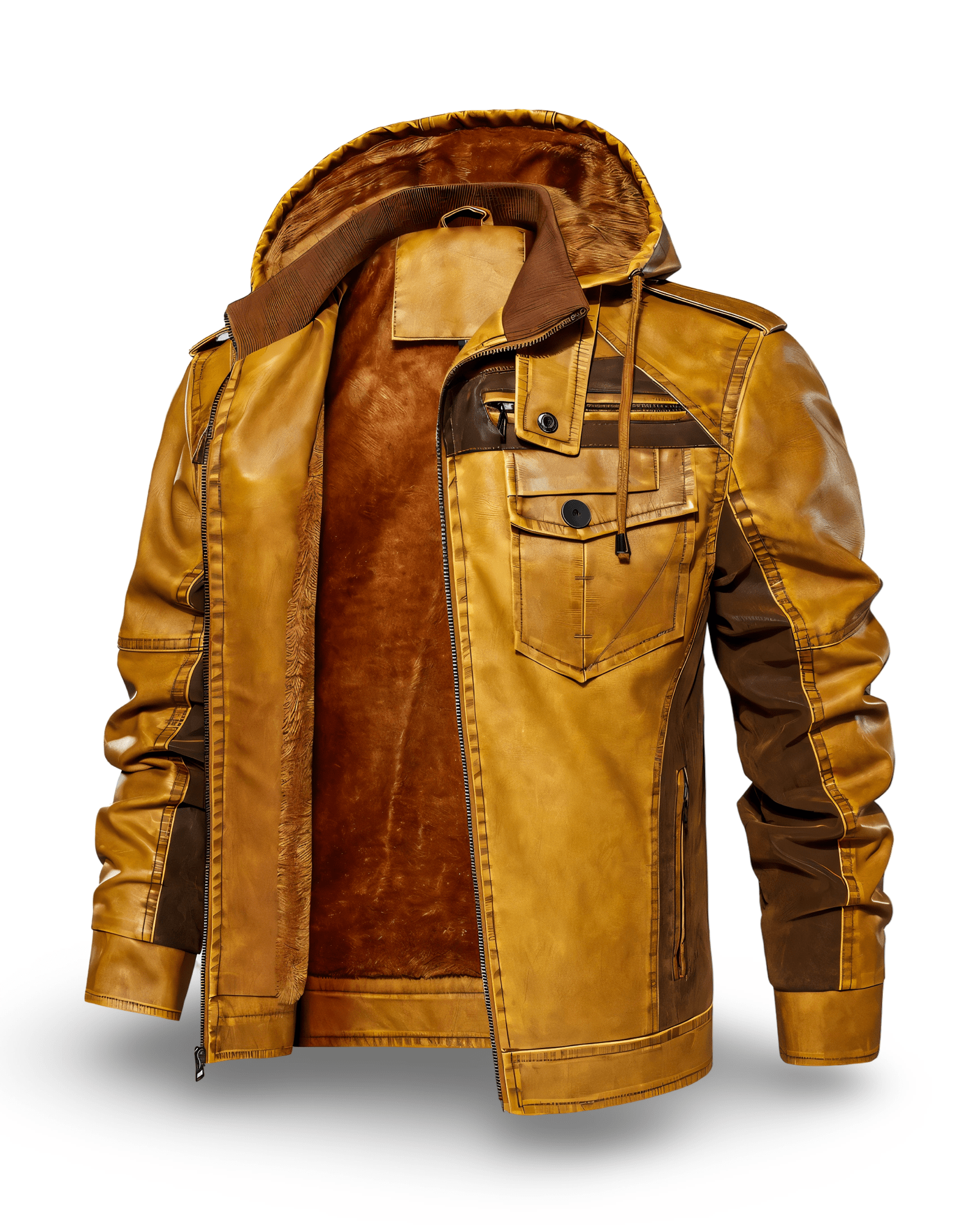 Prikaz bocne prednje strane muske kozne zimske jakne sa postavom u svetlo braon boji. Najbolja prodaja i cena u Srbiji Model 4