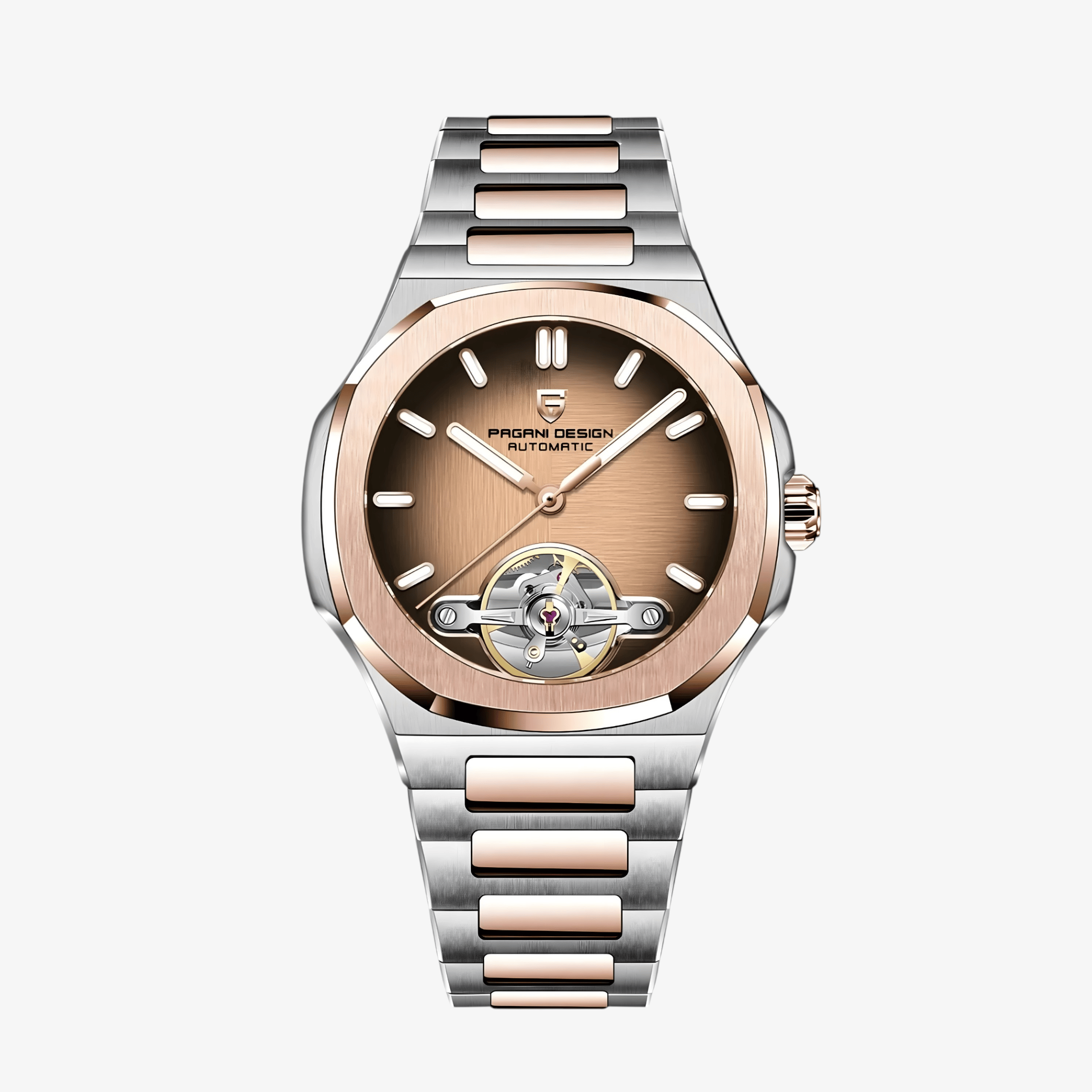 Muški sat Pagani Design PD-YS025 sa rose gold brojčanikom i čeličnom narukvicom – prednji prikaz sata