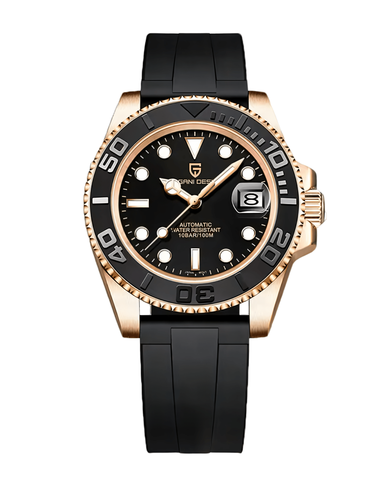 Muški Automatik Sat Pagani Design PD1651 - Zlatno Crna Boja - Prikaz prednje strane sata sa silikonskom narukvicom