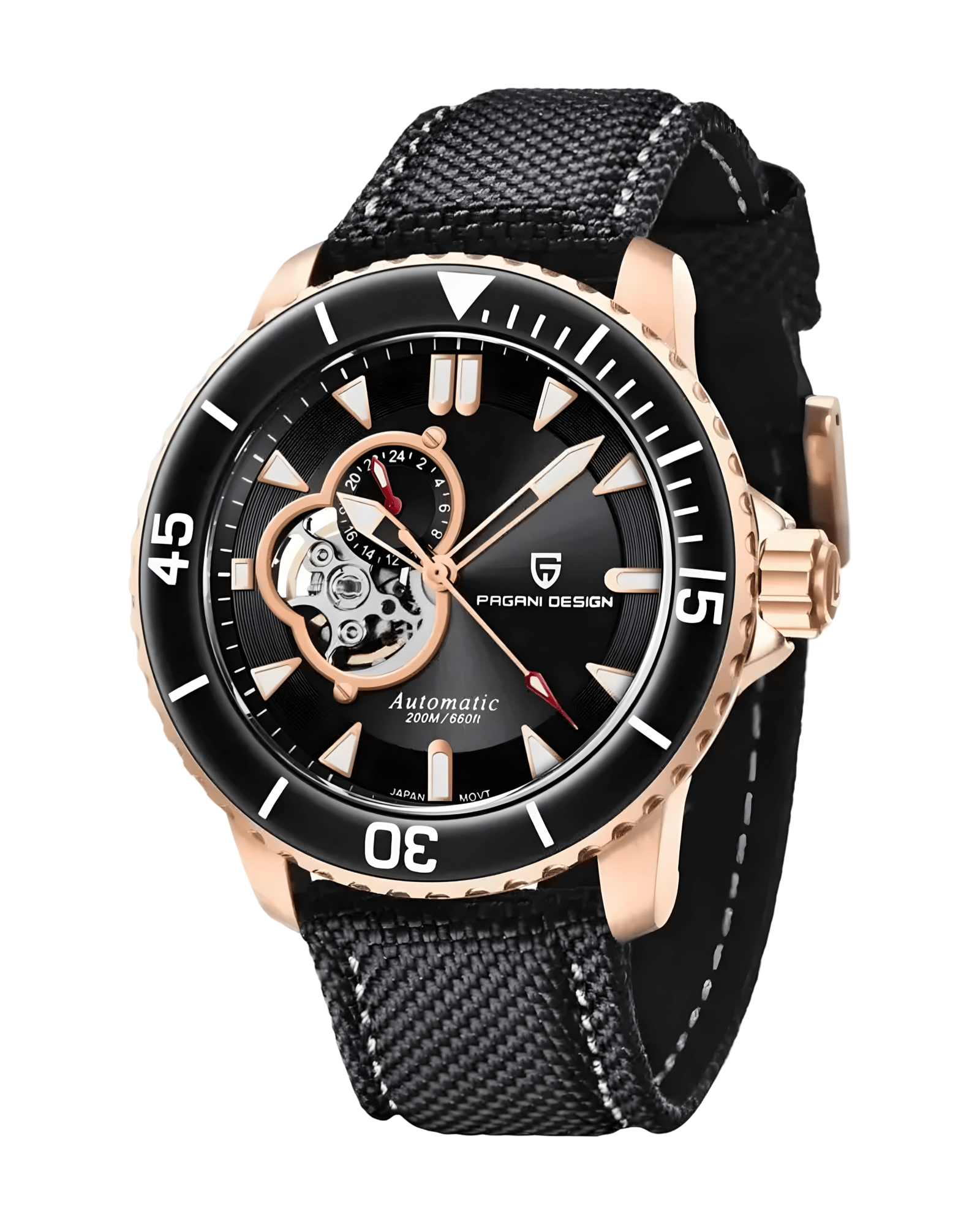 PAGANI DESIGN PD1674 – CRNO-ZLATNI AUTOMATIK SAT ZA MUŠKARCE - PRIKAZ PREDNJE STRANE SATA