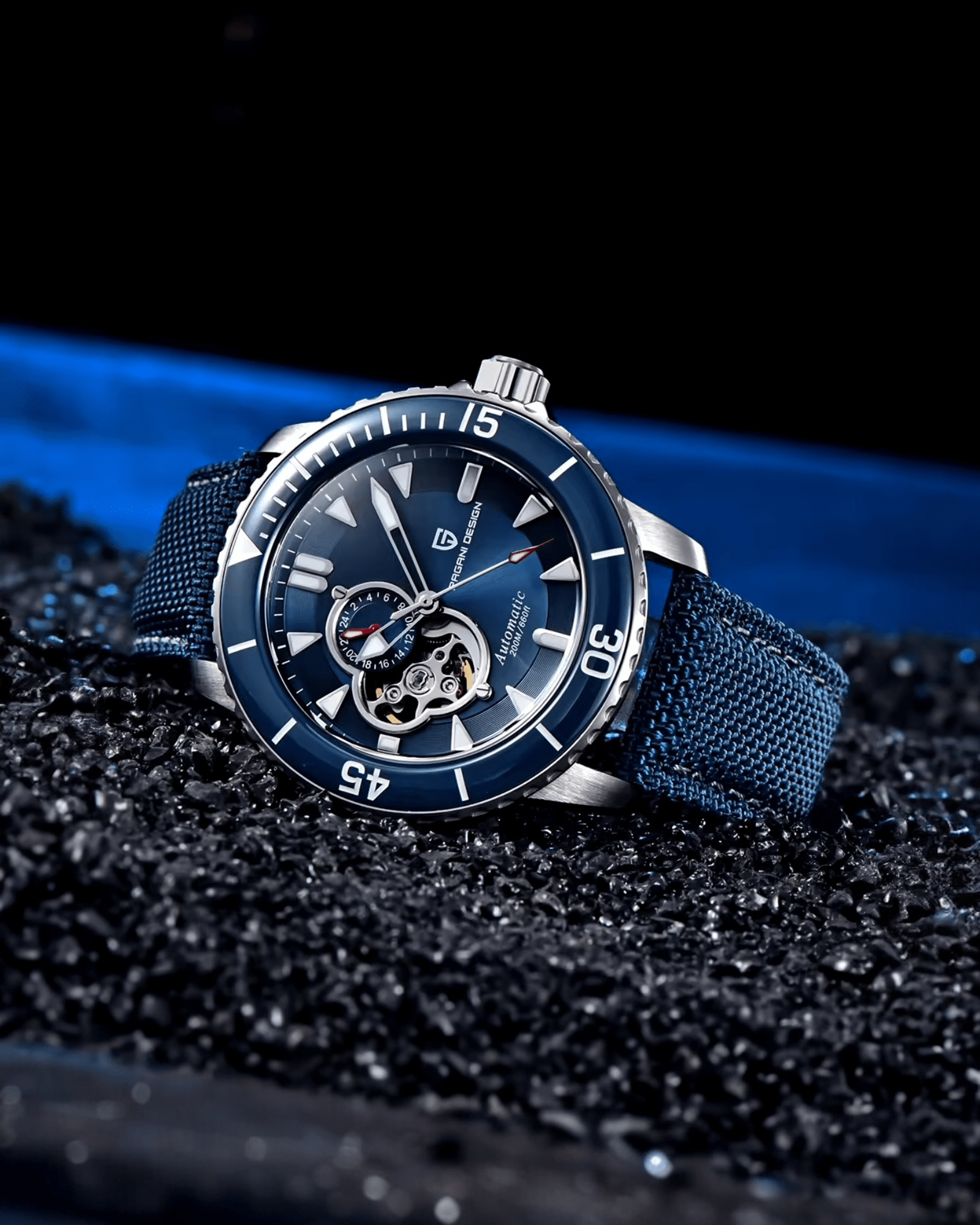 PAGANI DESIGN PD1674 – PLAVO-SREBRNI AUTOMATIK SAT ZA MUŠKARCE - PRIKAZ BOČNE STRANE SATA