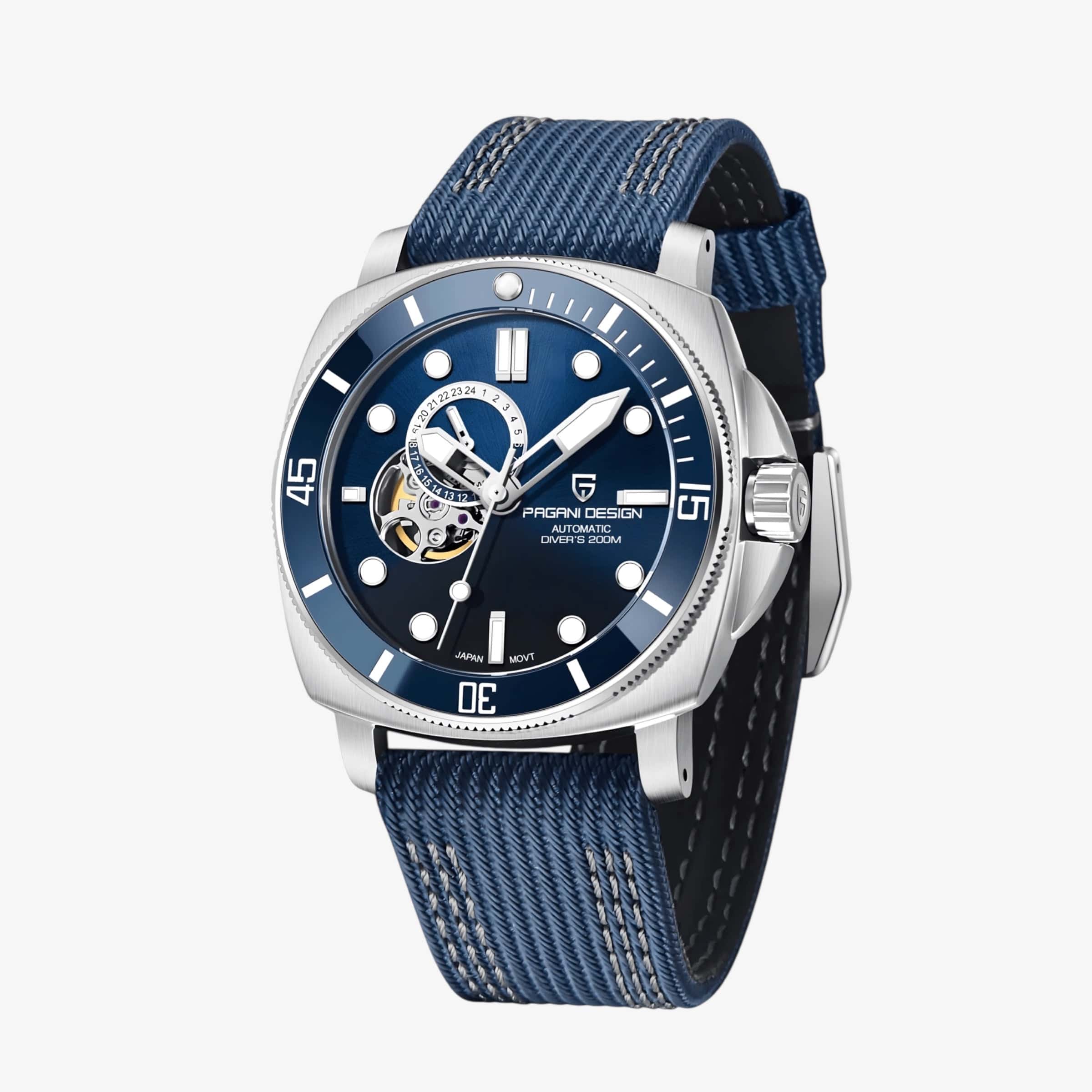 Muški automatik sat Pagani Design PD1736 sa plavim brojčanikom i plavom NATO narukvicom – prednji ugaoni prikaz sa vidljivom krunicom