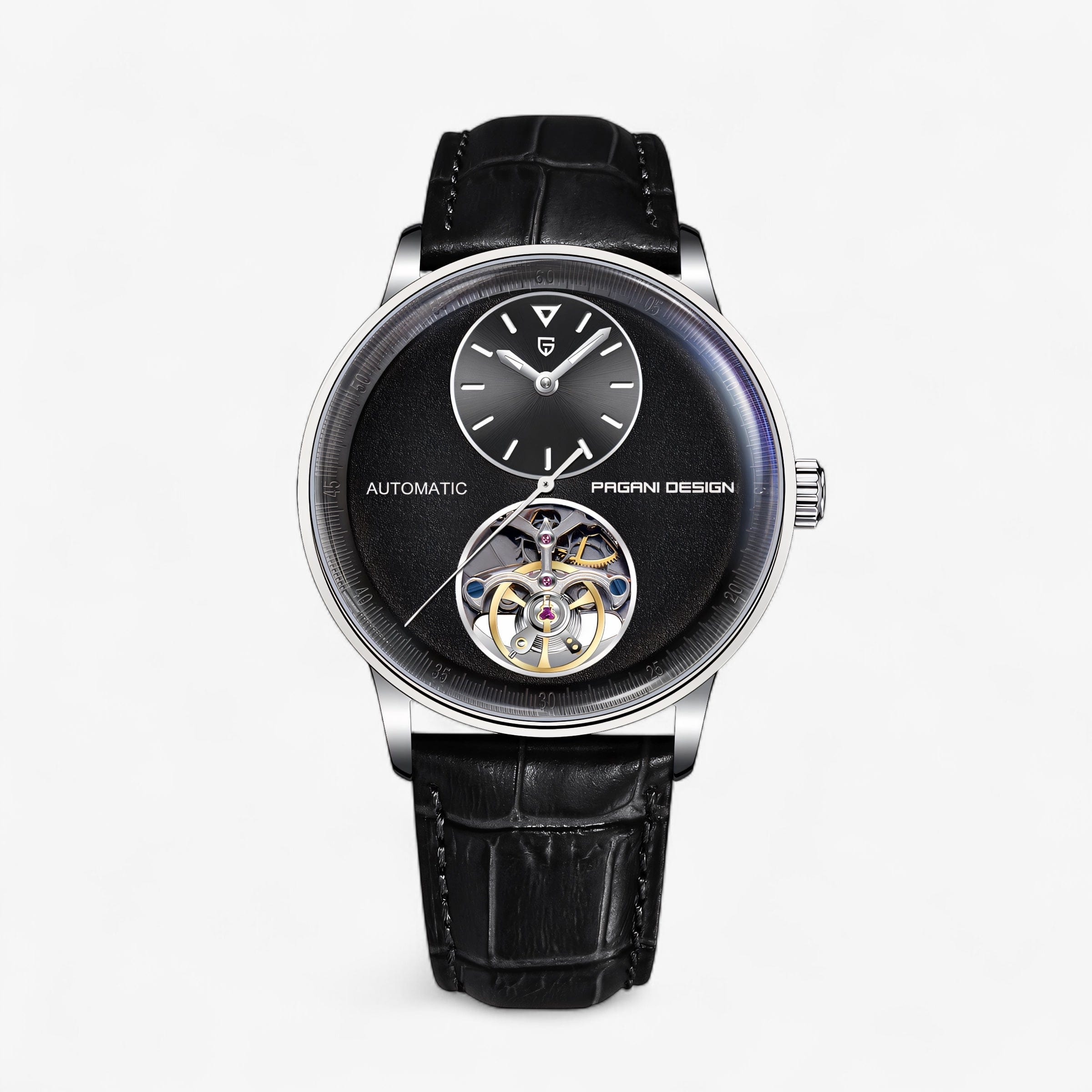 Prednji prikaz muškog sata Pagani Design PD1796 u crnoj varijanti sa kožnom narukvicom