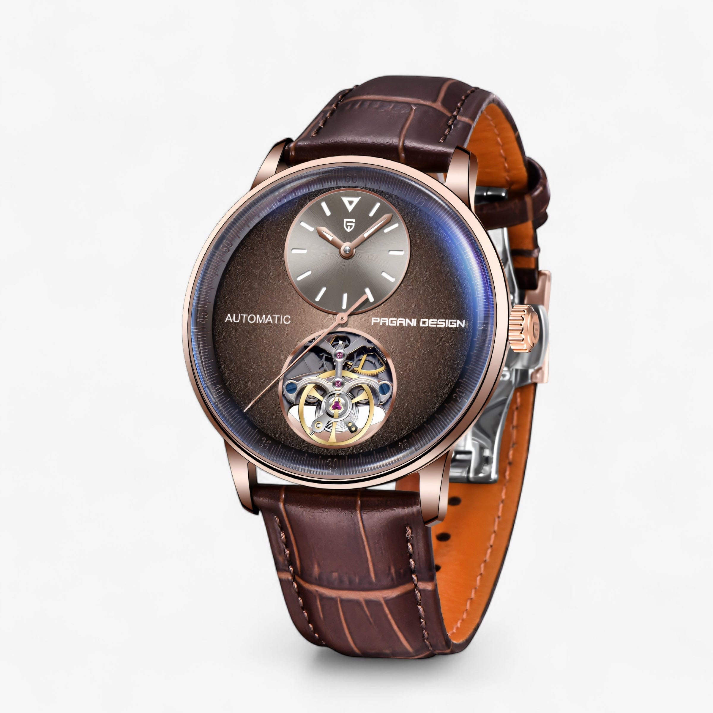 Detaljan prikaz brojčanika muškog sata Pagani Design PD1796 u braon boji