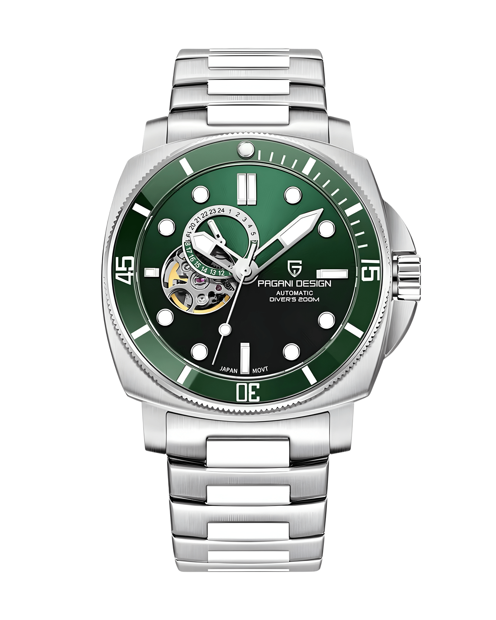 Muški Automatik Sat Pagani Design PD1736 - Zelena Boja - Metalna Narukvica - Prikaz prednje strane sata