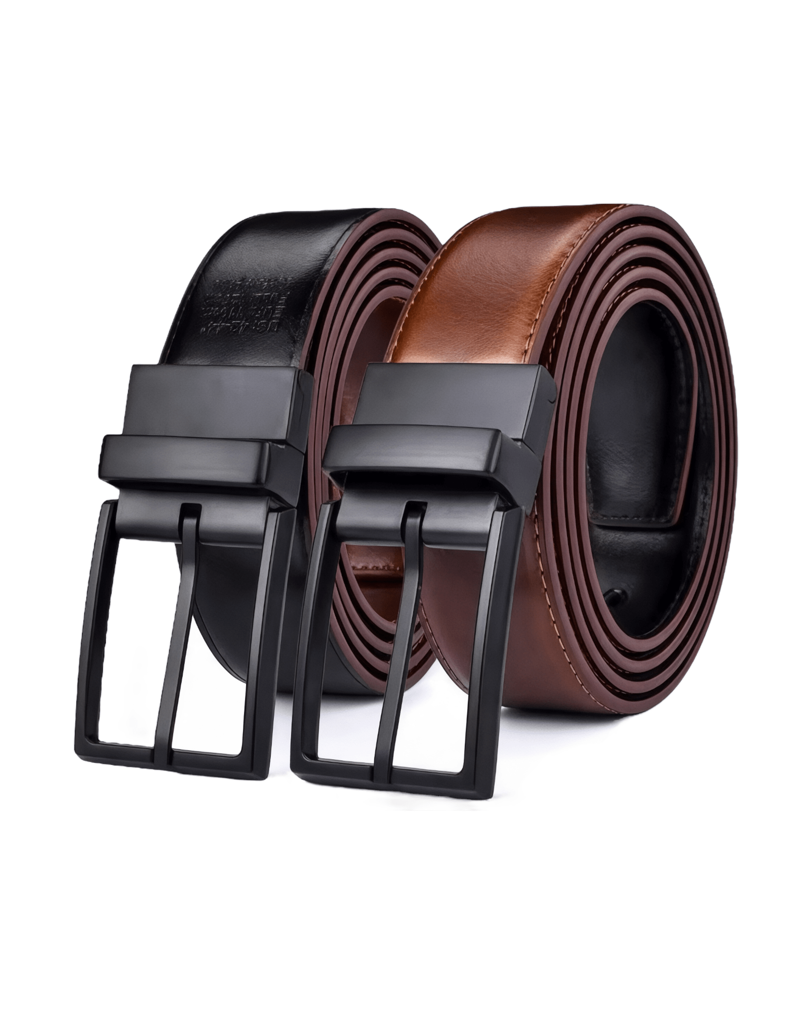 Prikaz muškog kožnog kaiša sa dva lica – crna - svetla braon boja, crna kopča, prava teleća koža