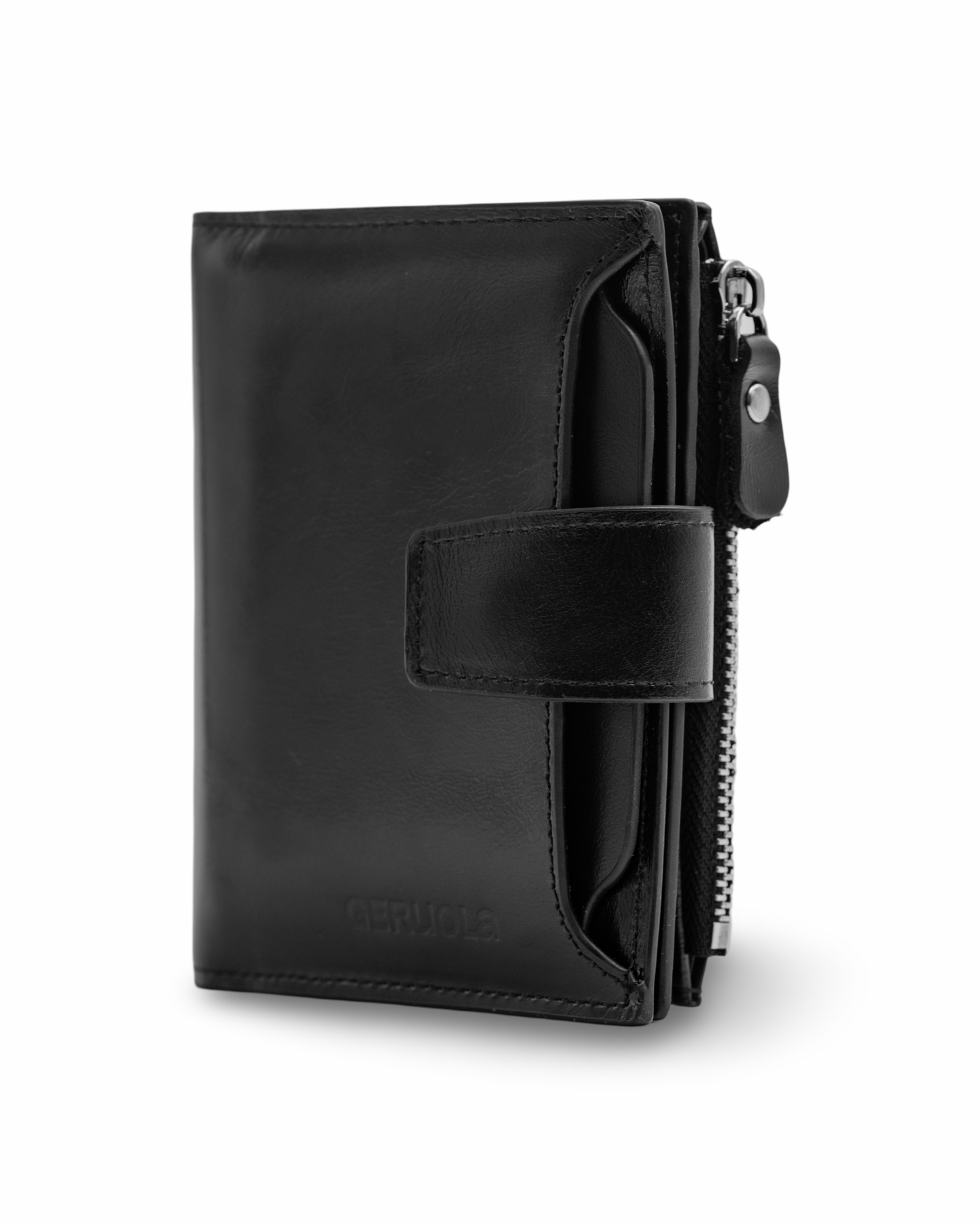 Prikaz prednje leve strane muskog koznog novcanika GERUOLA u crnoj boji, Prava teleca koza po najpovoljnijoj ceni u Srbiji