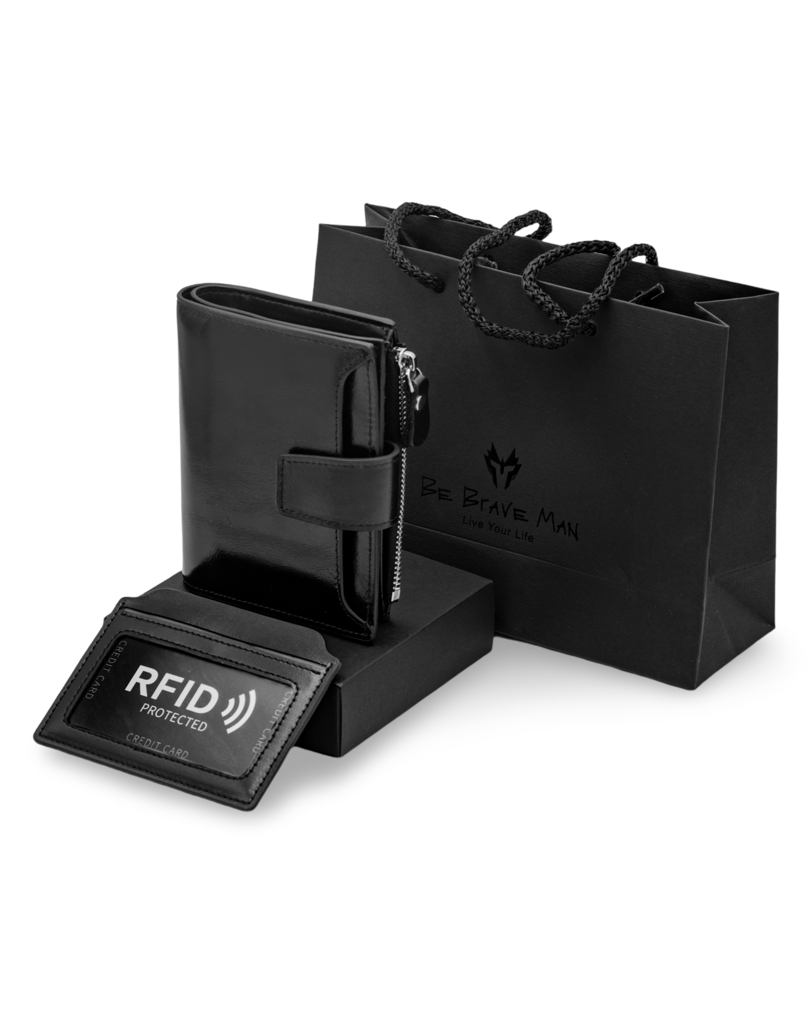 Prikaz prednje leve strane muskog koznog novcanika GERUOLA u crnoj boji sa kutijom i kesom , Prava teleca koza po najpovoljnijoj ceni u Srbiji