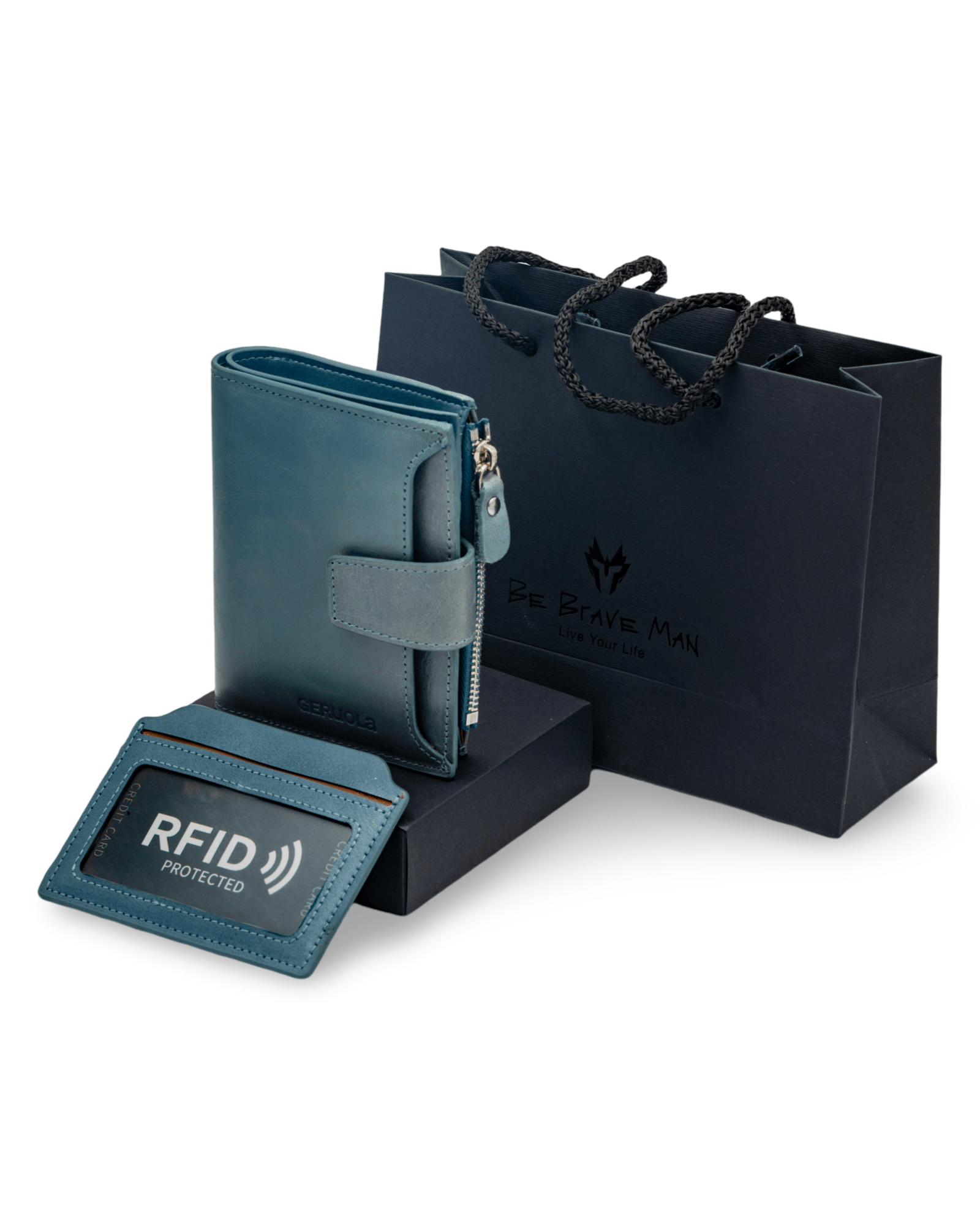 Prikaz prednje leve strane muskog koznog novcanika GERUOLA u plavoj boji sa kutijom i kesom, Prava teleca koza po najpovoljnijoj ceni u Srbiji