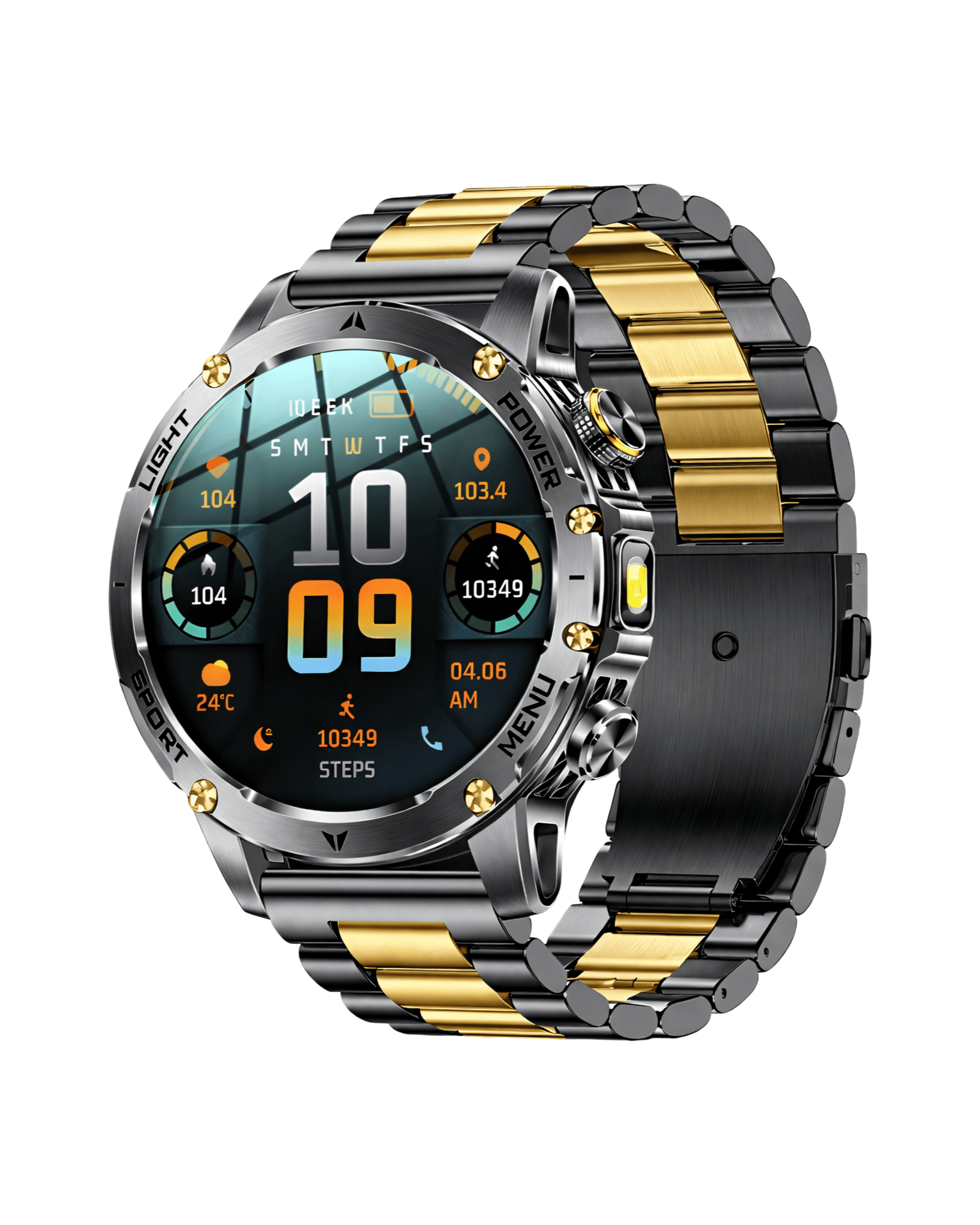 Prednja strana pametnog sata AK87 Business Black Gold sa metalnom narukvicom i aktivnim ekranom