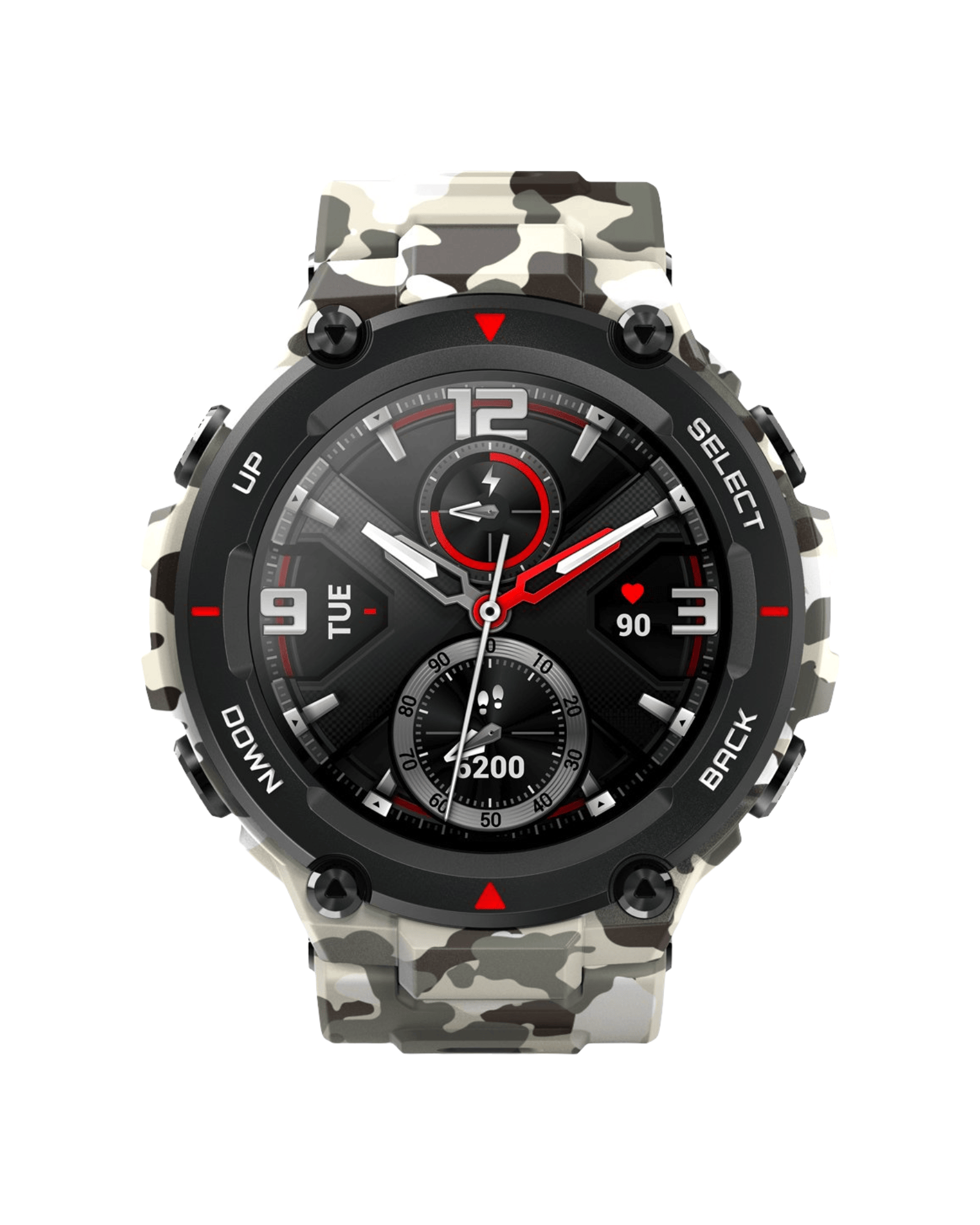 Muški pametni sat Amazfit T-Rex Pro, prednja strana sa uključenim ekranom, čvrsto kućište sa vojnim šarama