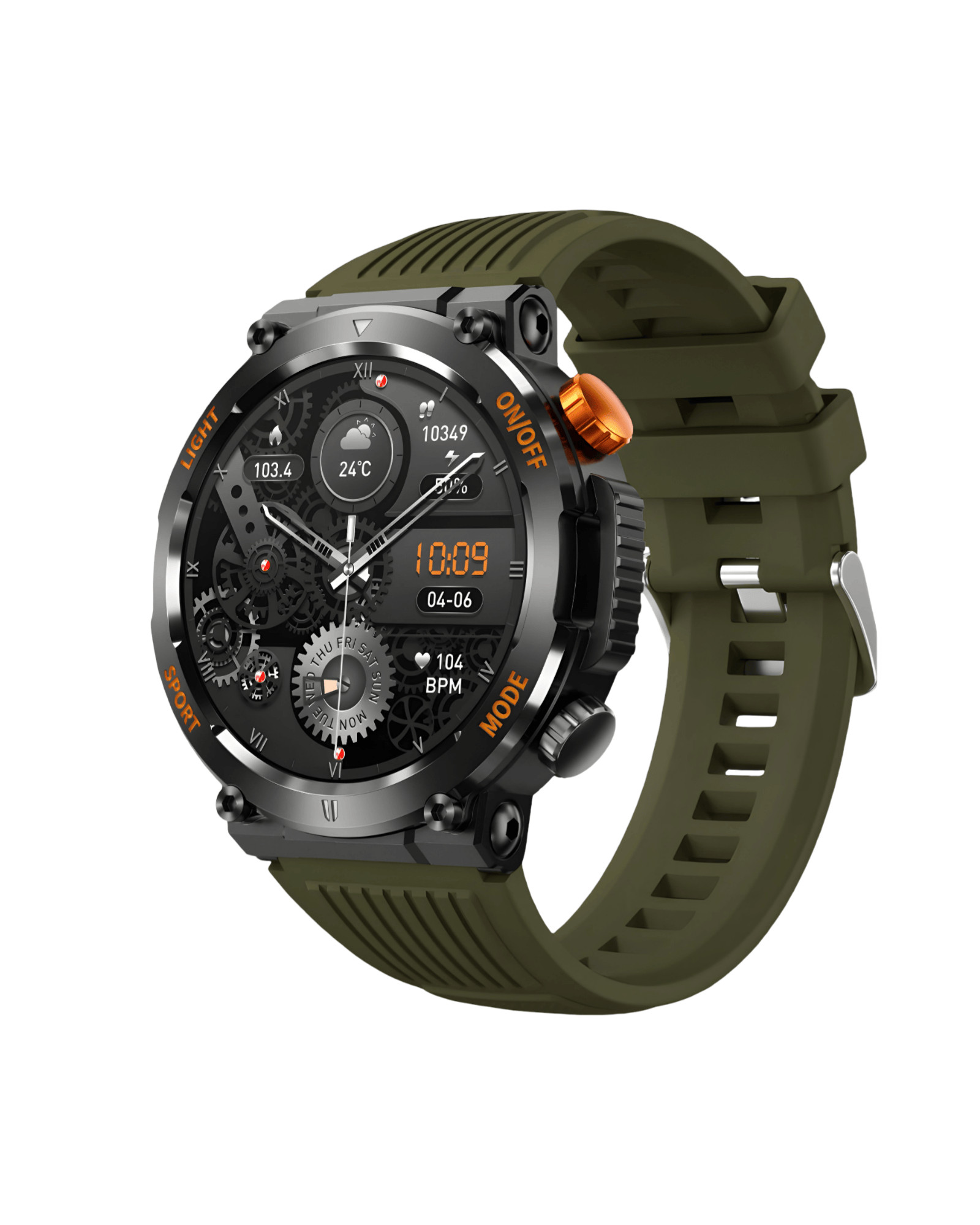 Pametni sat Army T14 Armata Green, desna strana metalnog kućišta sa zelenom silikonskom narukvicom