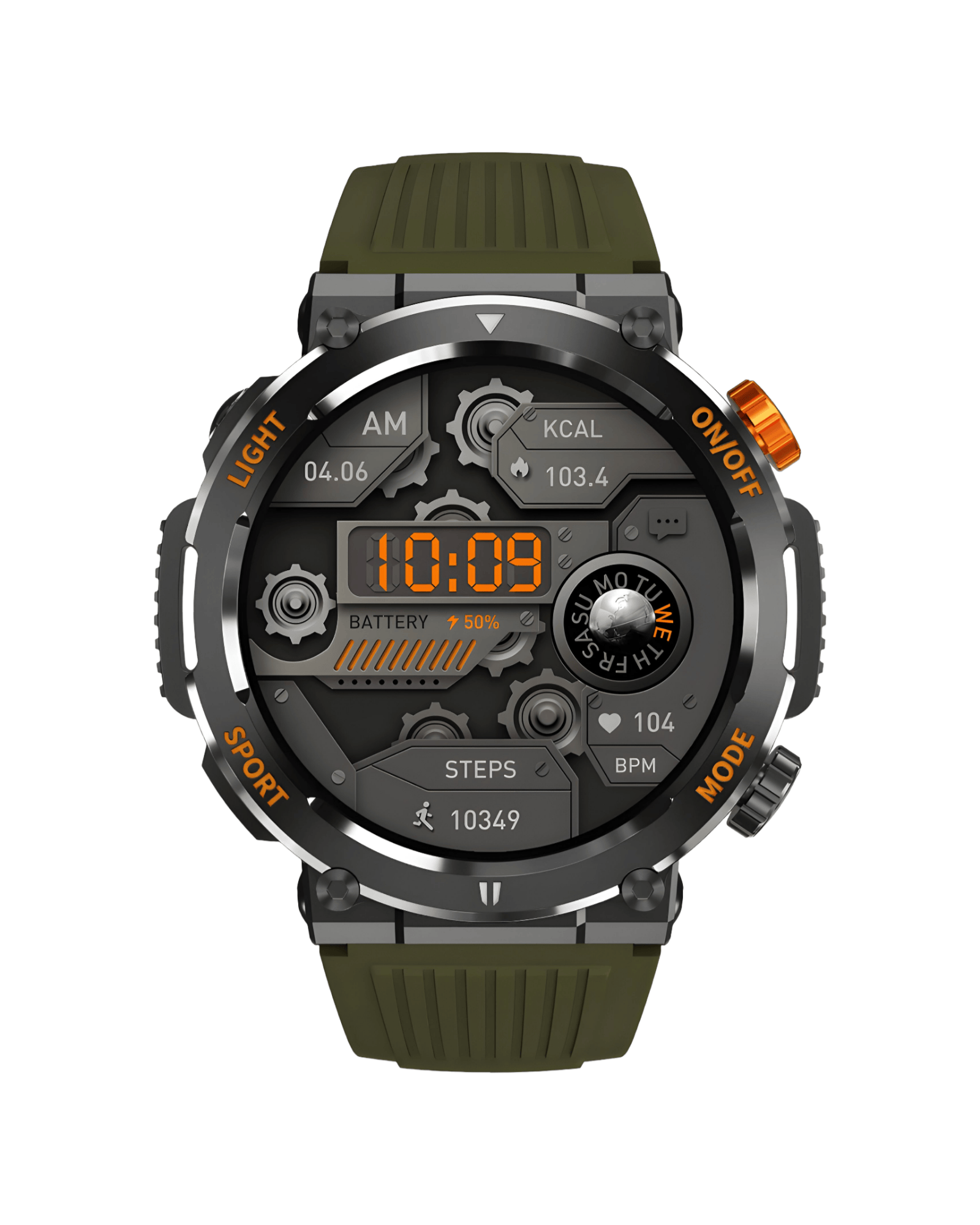 Muški pametni sat Army T14 Armata Green, prednja strana sa aktivnim ekranom i zelenim military dizajnom