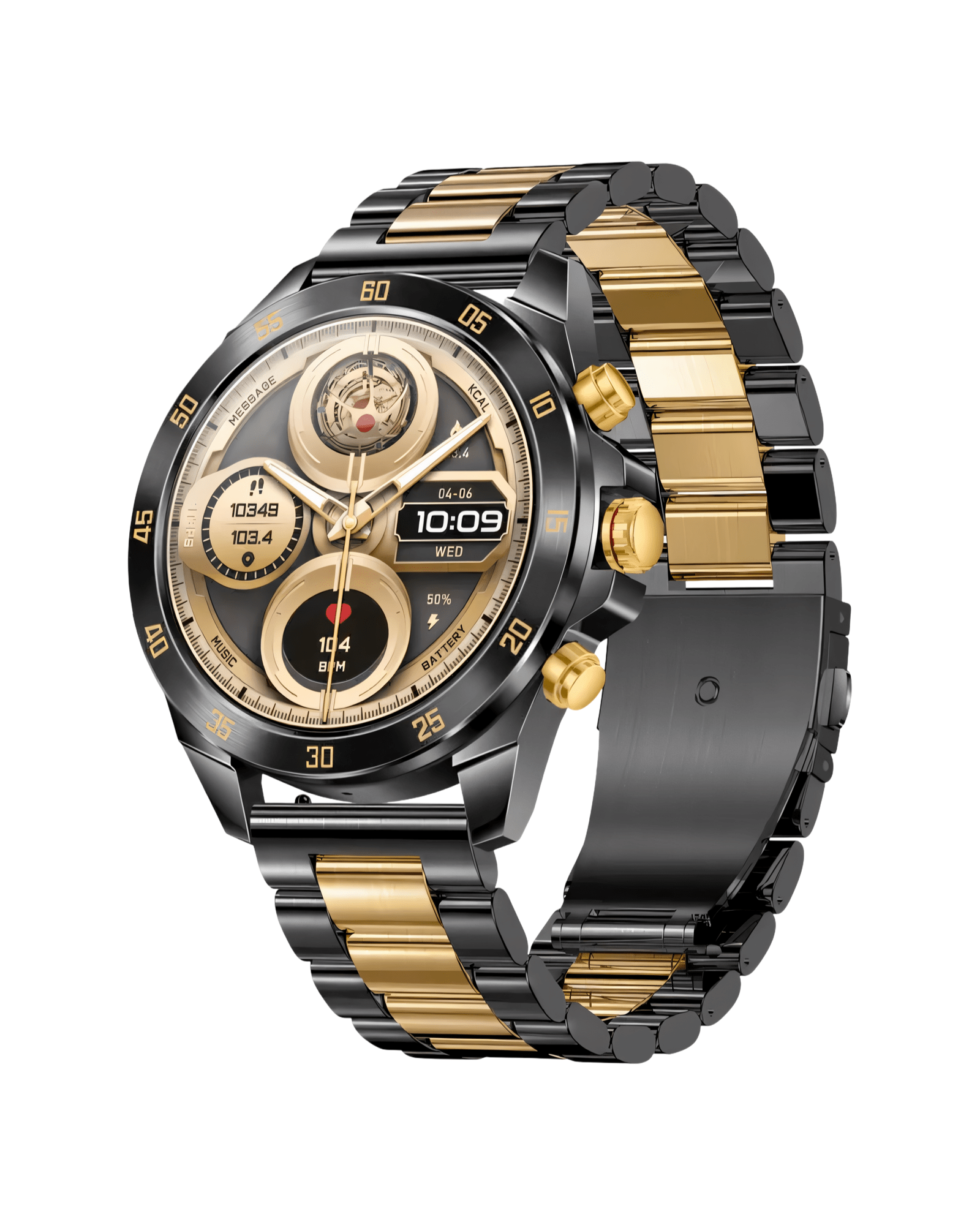 Prikaz prednje strane kucista i metalne narukvice muskog pametnog sata Biznis Zlatna Boja