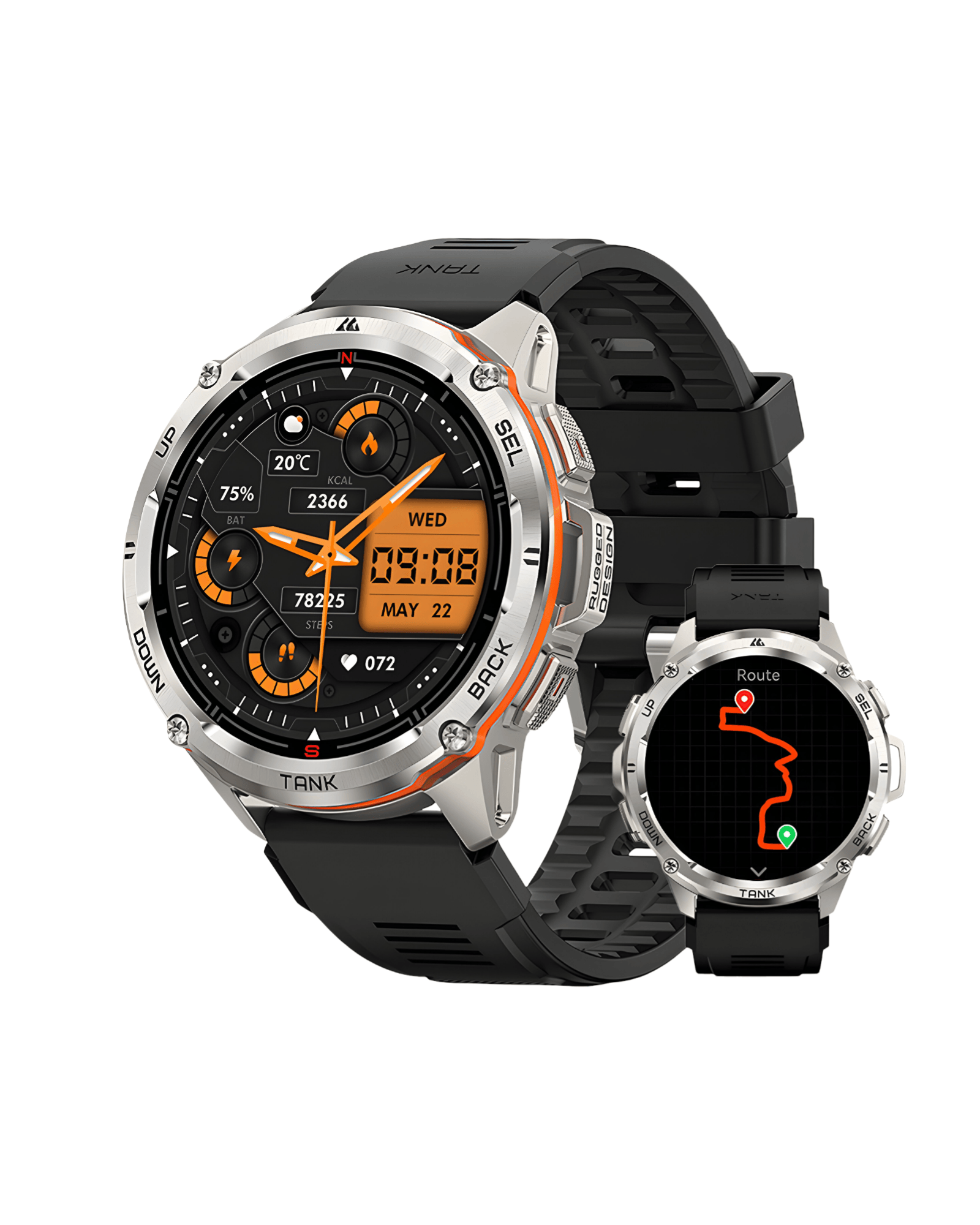 Bočni prikaz pametnog sata Kospet Tank T3 Ultra sa masivnim srebrnim kućištem, robustnim rugged dizajnom i crnom silikonskom narukvicom