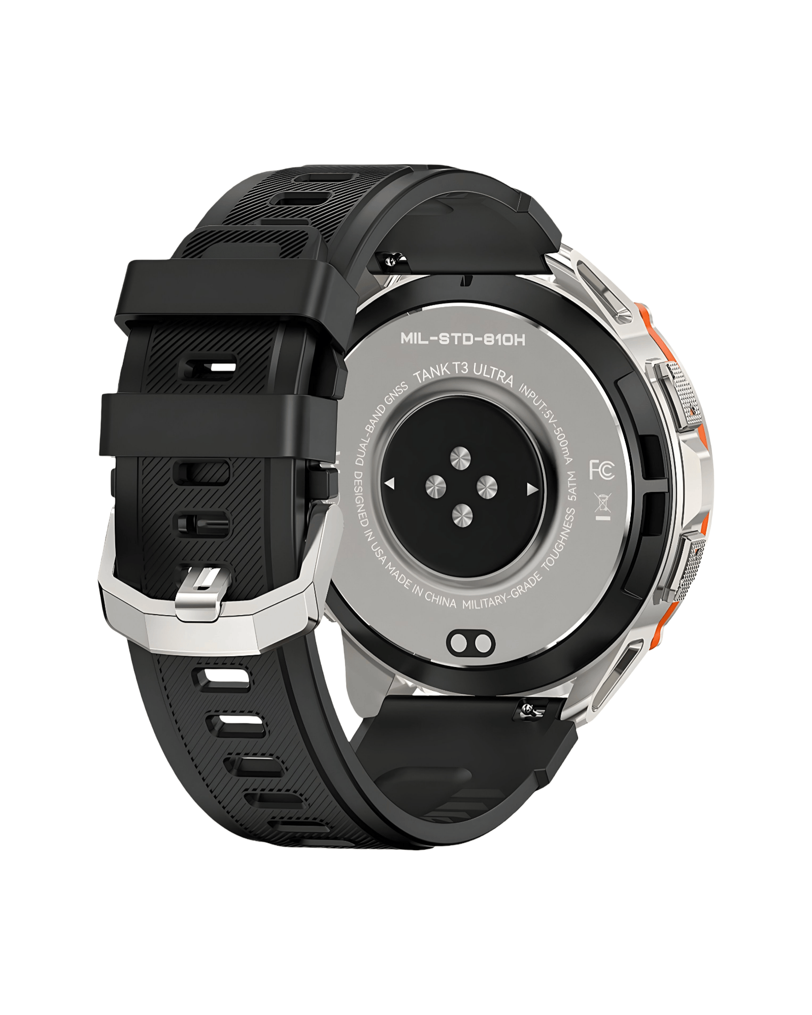 Zadnja strana pametnog sata Kospet Tank T3 Ultra sa integrisanim senzorima i crnom silikonskom narukvicom