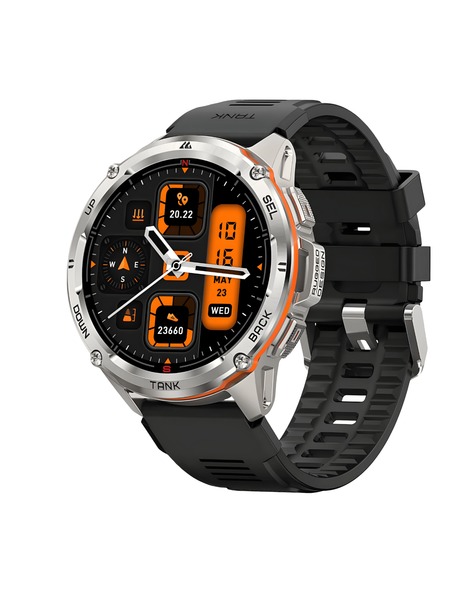 Desna bočna strana pametnog sata Kospet Tank T3 Ultra sa srebrnim čeličnim kućištem, izraženim kontrolnim dugmadima i crnom silikonskom narukvicom