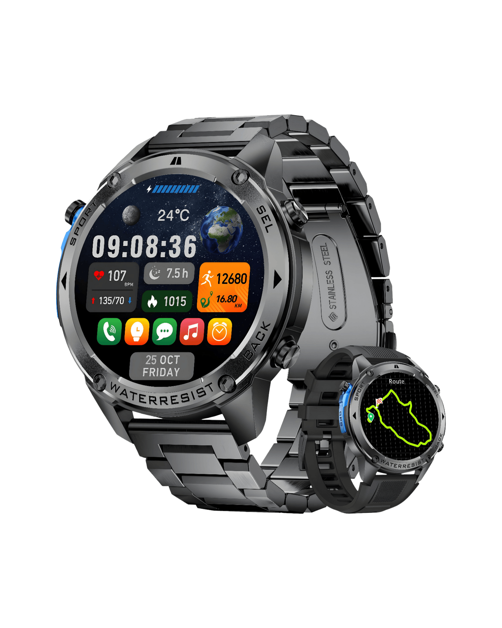 Desna bočna strana pametnog sata Military DM56 Metal Black sa metalnom i silikonskom narukvicom – prikaz mogućnosti zamene