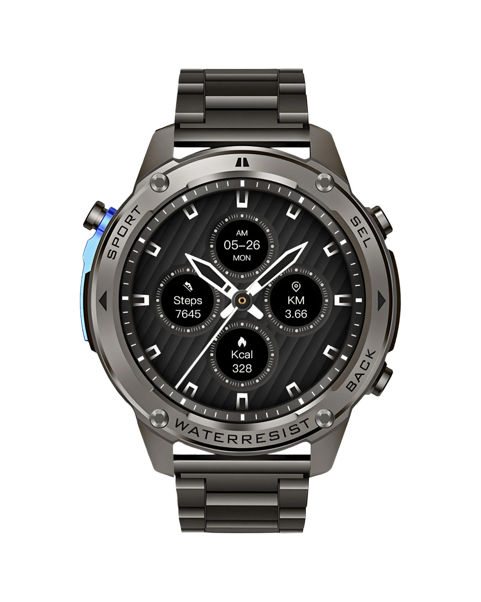 Prednja strana pametnog sata Military DM56 Metal Black sa aktivnim ekranom i metalnom narukvicom