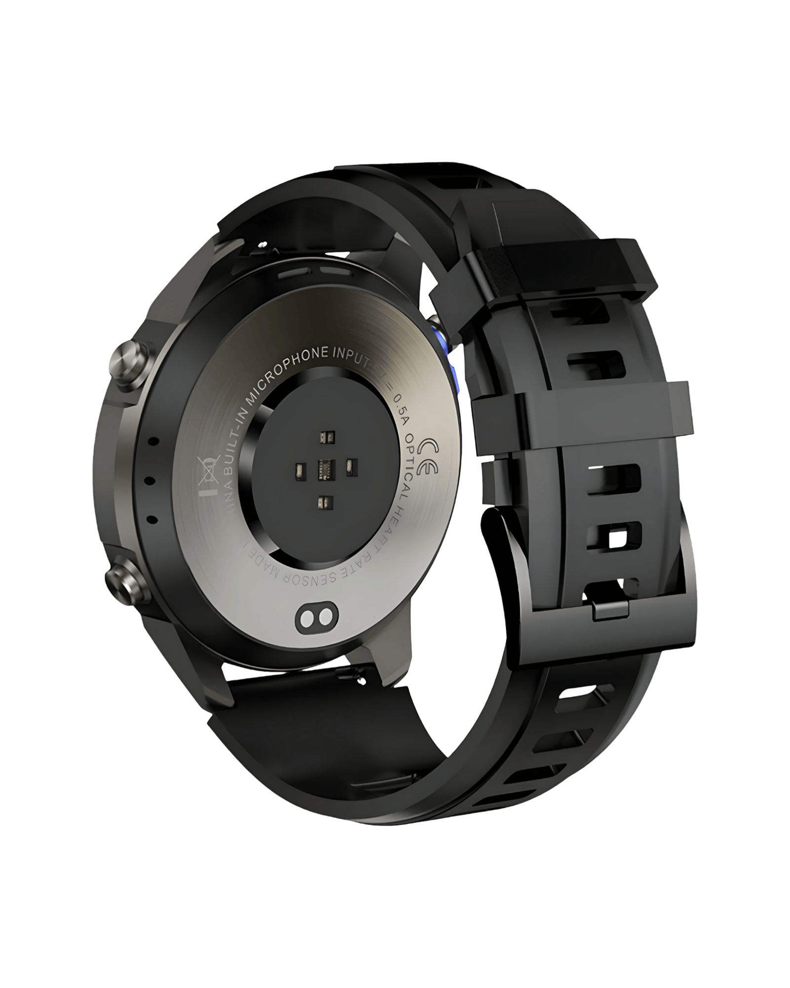 Zadnja strana pametnog sata Military DM56 Metal Black sa integrisanim senzorima i crnom silikonskom narukvicom
