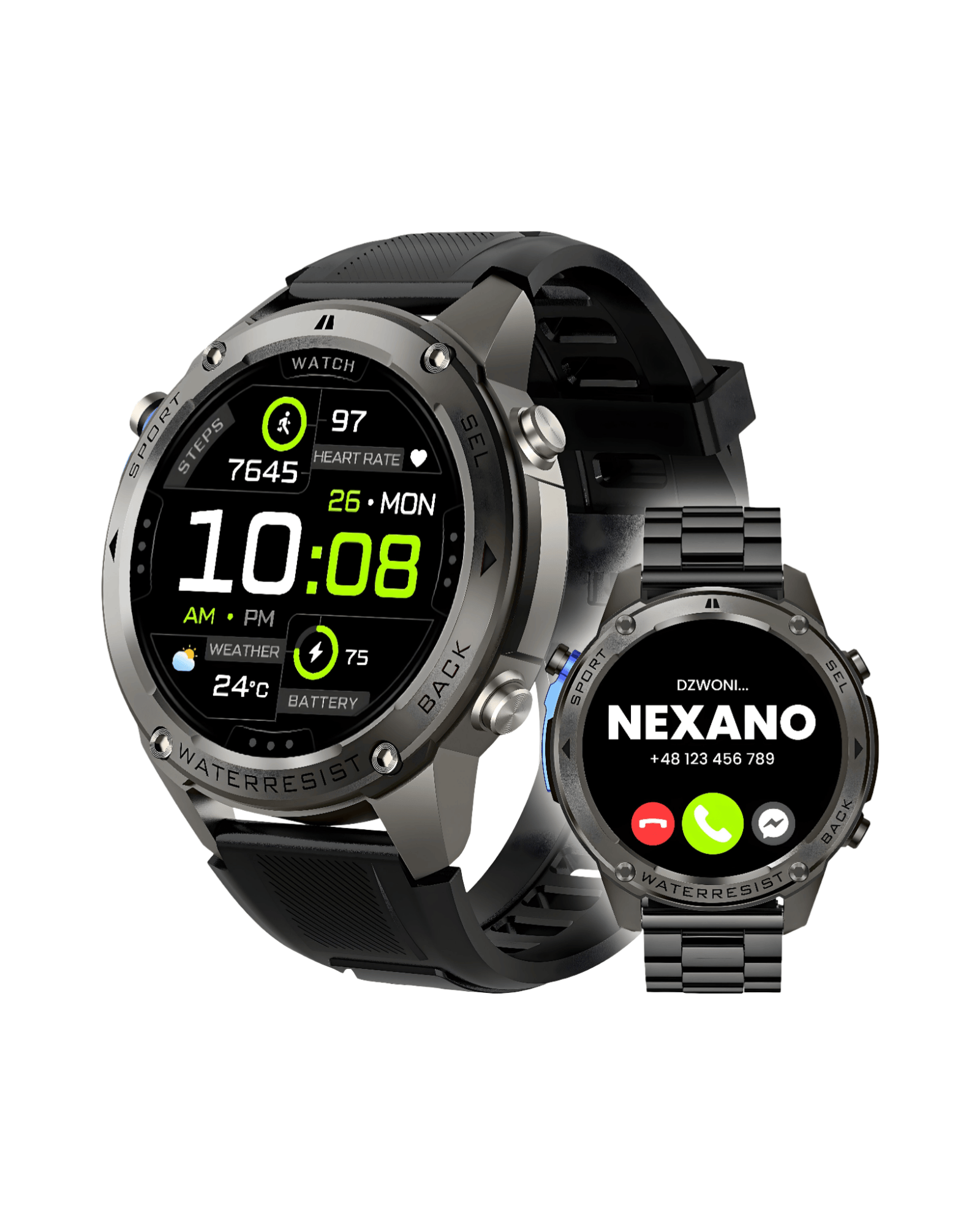 Bočni prikaz pametnog sata Military DM56 Metal Black sa obe narukvice, metalnom i silikonskom