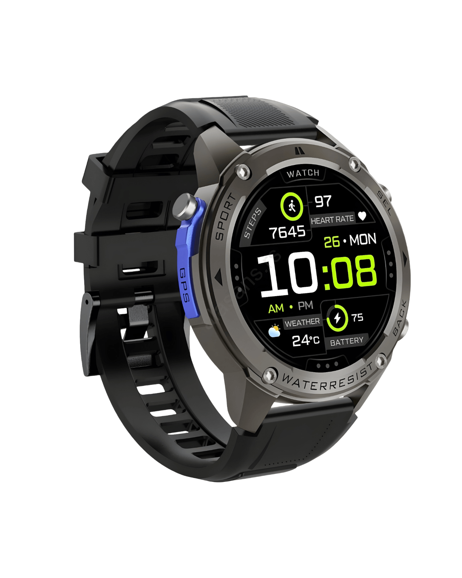 Detalj leve bočne strane pametnog sata Military DM56 Metal Black sa robusnim metalnim kućištem i silikonskom narukvicom