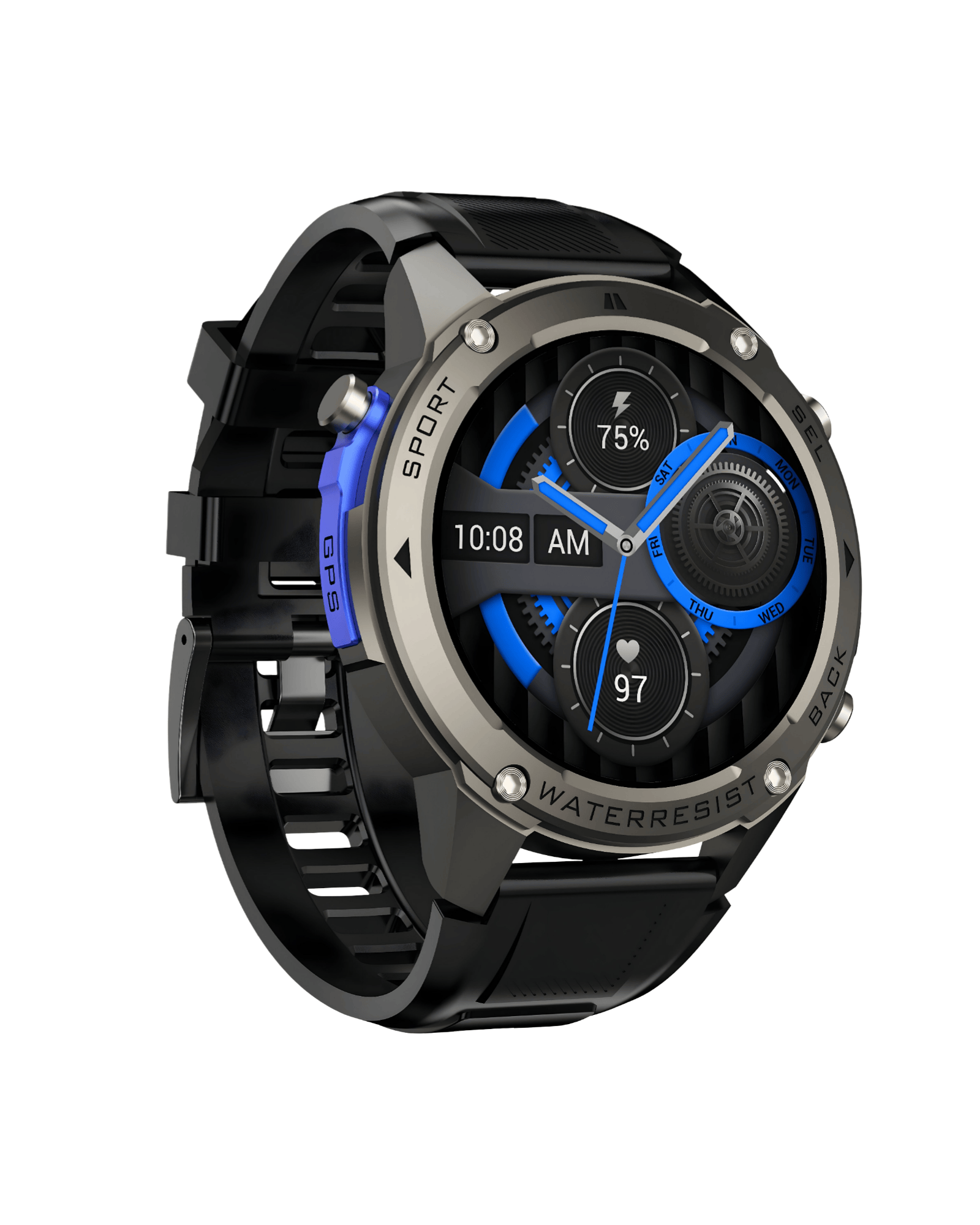 Leva bočna strana pametnog sata Military DM56 Metal Black sa masivnim metalnim kućištem i crnom silikonskom narukvicom