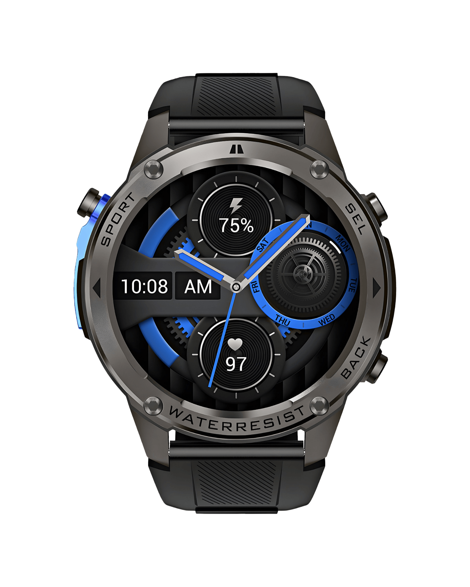 Prednja strana pametnog sata Military DM56 Metal Black sa aktivnim ekranom i crnom silikonskom narukvicom