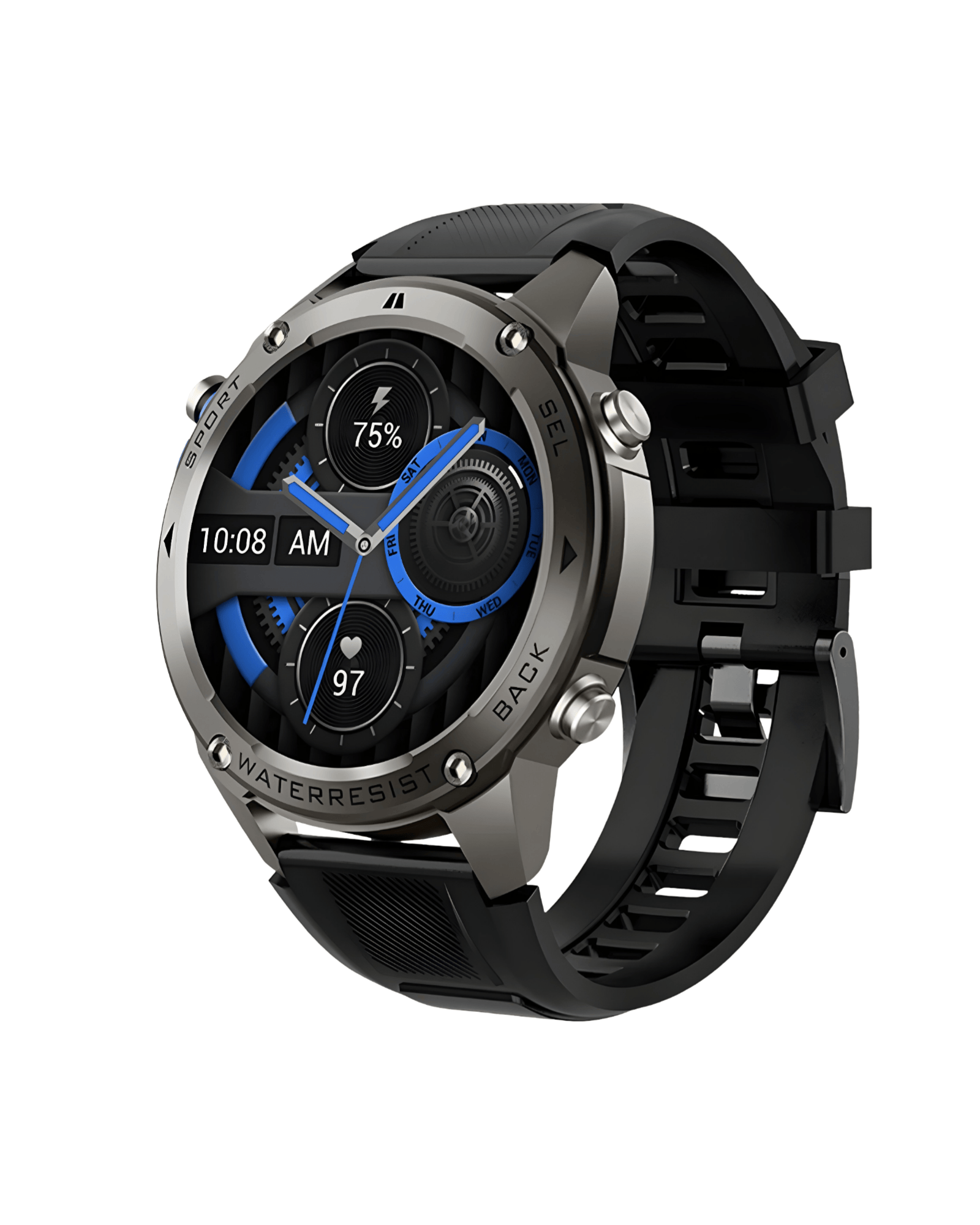 Desna bočna strana pametnog sata Military DM56 Metal Black sa metalnim kućištem, kontrolnim dugmadima i crnom silikonskom narukvicom