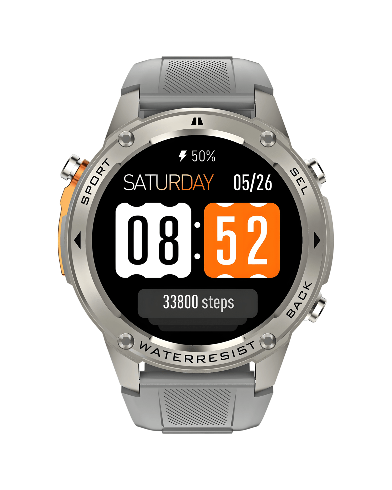 Prikaz Military DM56 sa aktivnim AMOLED ekranom, metalnim kućištem i sivom silikonskom narukvicom