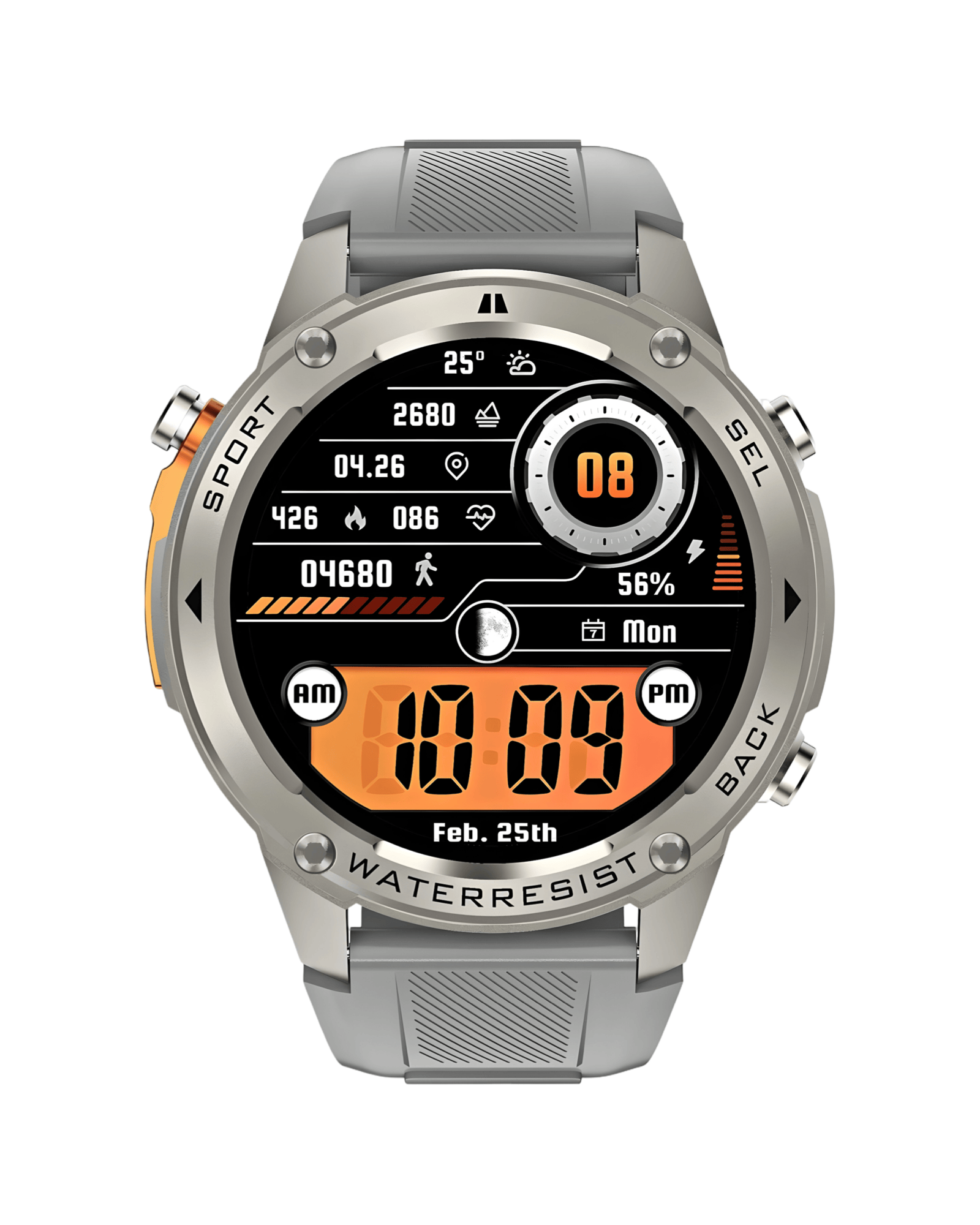 Prednja strana pametnog sata Military DM56 sa aktivnim AMOLED ekranom, metalnim kućištem i sivom silikonskom narukvicom